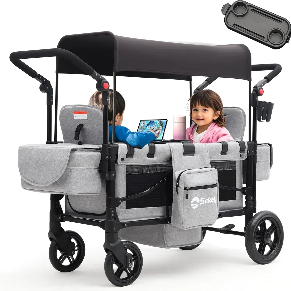 Sekey Bollerwagen Kinder Zwillingsmodus, Bollerwagen Faltbar mit Dach 2 Kinder, Duo Schiebegriff Kinderwagen Doppelsitz mit 2 integrierten 5-Punkt-Gurtsystem, Zwillingskinderwagen (Grau, Premium)