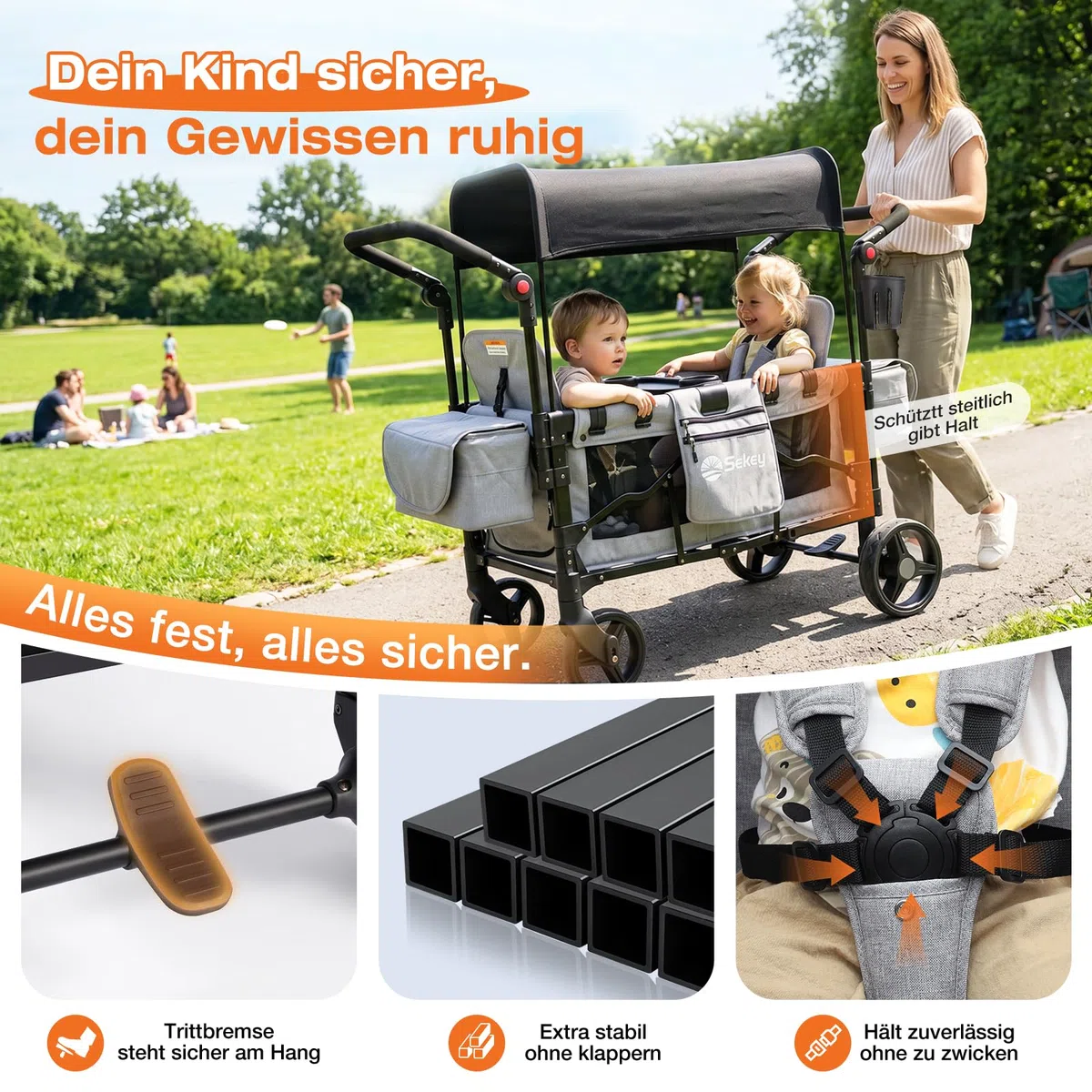 Sekey Bollerwagen Kinder Zwillingsmodus, Bollerwagen Faltbar mit Dach 2 Kinder, Duo Schiebegriff Kinderwagen Doppelsitz mit 2 integrierten 5-Punkt-Gurtsystem, Zwillingskinderwagen Luxer 6060, Grau
