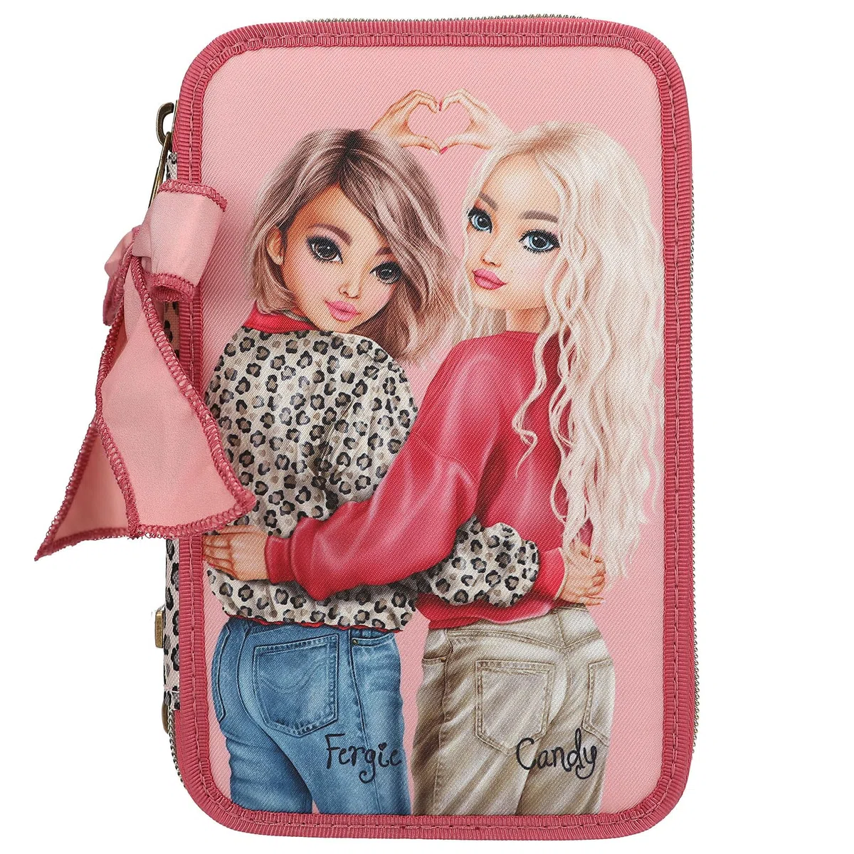 Depesche 13639 TOPModel Leoheart - Gefüllte 3-Fach Federtasche in Rosa und Rot, mit Model Motiv und Leo-Print, Federmappe mit Buntstiften, Schere, Lineal UVM.