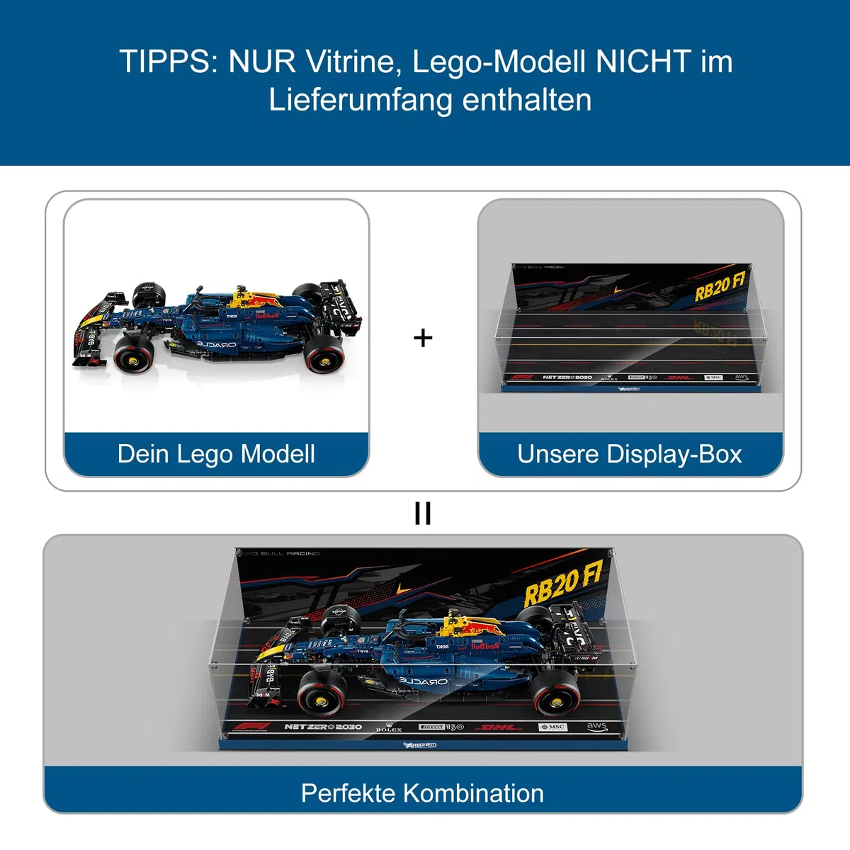 cooldac Acryl-Vitrine kompatibel mit Lego 42206 Oracle Red Bull Racing RB20 F1 Rennauto(Nur Box, Kein Modell), Staubdichtes Transparentes HD Backdrop Display Case für Lego Technic 42206 F1 Rennauto