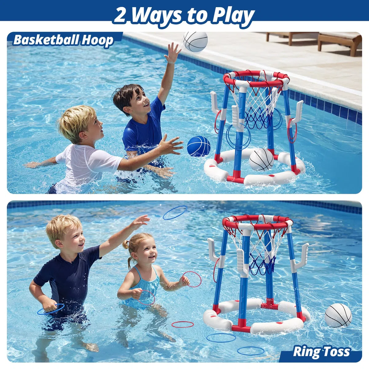 Pool Basketballkorb für Kinder, Wasserspielzeug Pool Basketball mit Backboard, 4 Bällen, 8 Ringen, Pumpe, Outdoor Schwimmbad Sommer Wasser Spielzeug Geschenke für Kinder 4-8 & Erwachsene, Rot