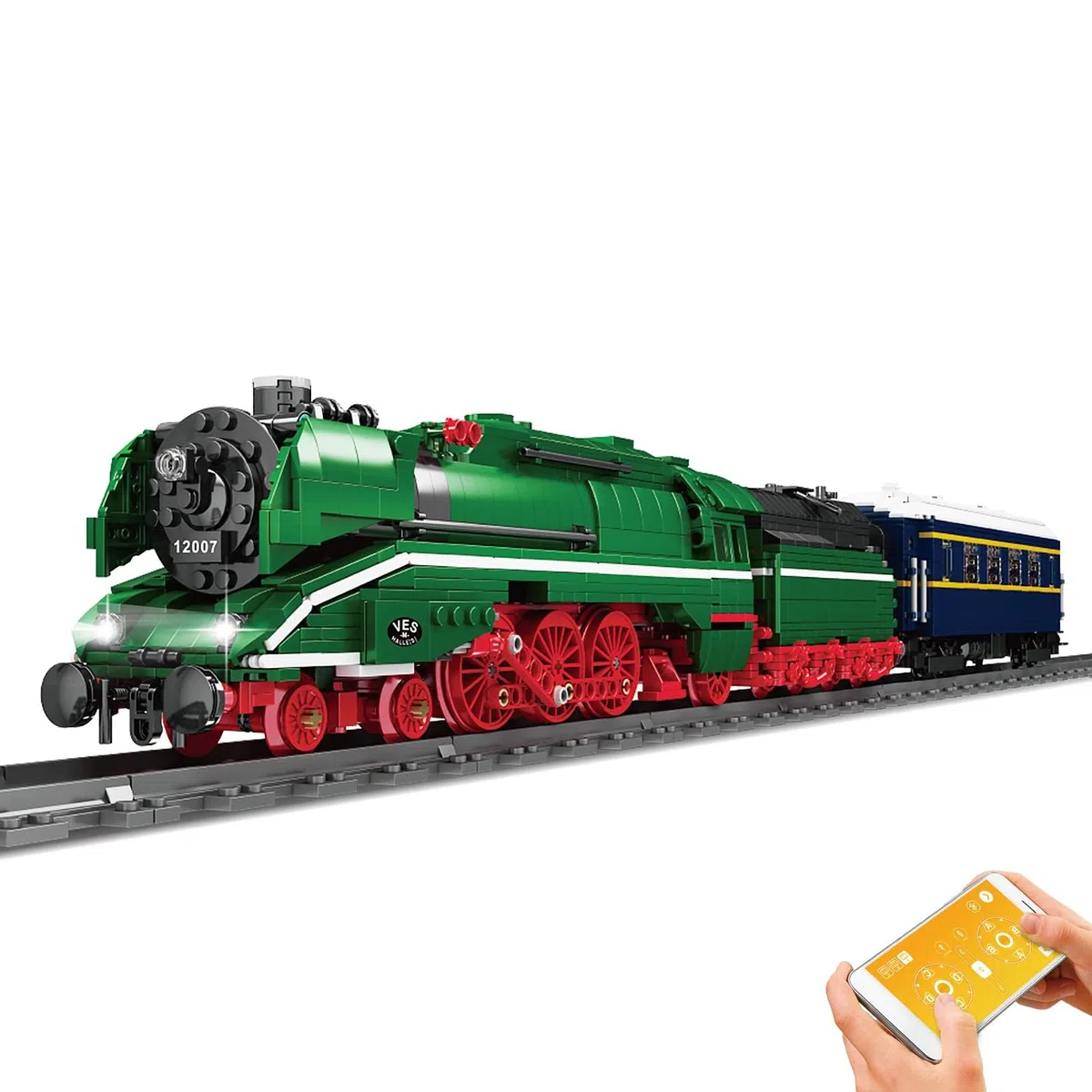Mould King 12007 Technik Zug Baustein Modell, 2348 Teile Train Eisenbahn Fernbedienung und App Dual Control, Ferngesteuertes Zug Modellbausatz Bausteinset mit Schiene und Beleuchtung