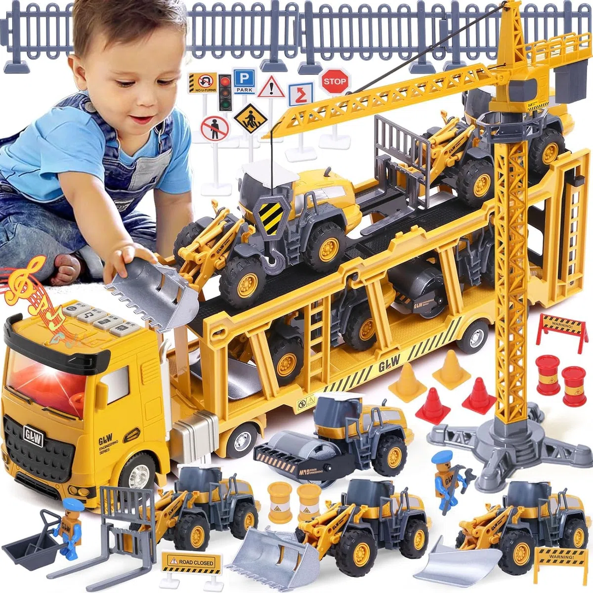 Tacobear Baufahrzeuge Kinder groß LKW Fahrzeug Spielzeug Geschenke ab 3 4 5 6 7 Junge mit Kran Spielzeug Bulldozer Dampfwalze Gabelstapler Konstruktionsfahrzeuge Geburtstag Geschenkideen Kinder Jungen