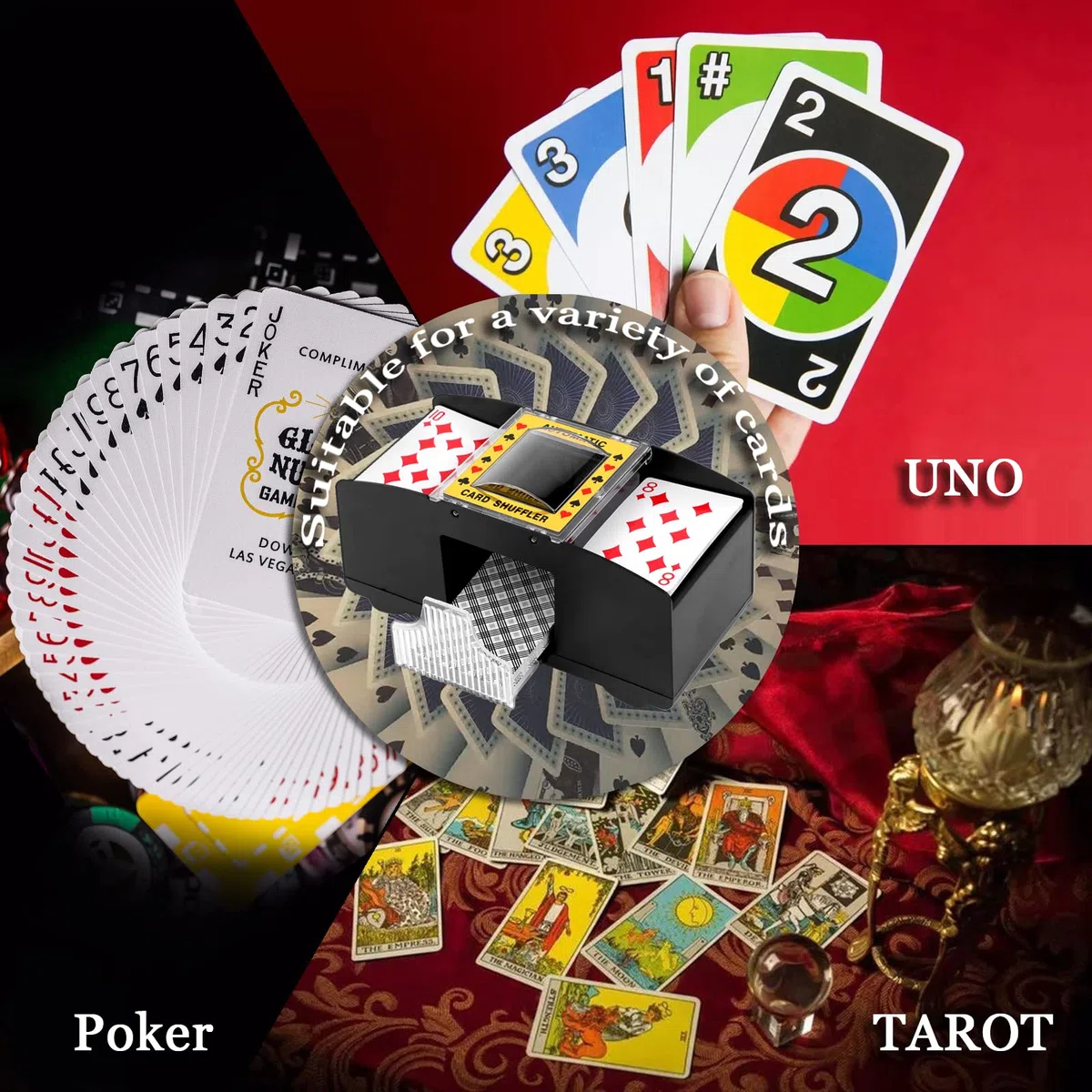 Kartenmischer 2 Deck,Kartenmischmaschine Elektrische mit Batteries und 2 Poker für UNO, Poker, Texas Hold Em, Omaha, Baccarat