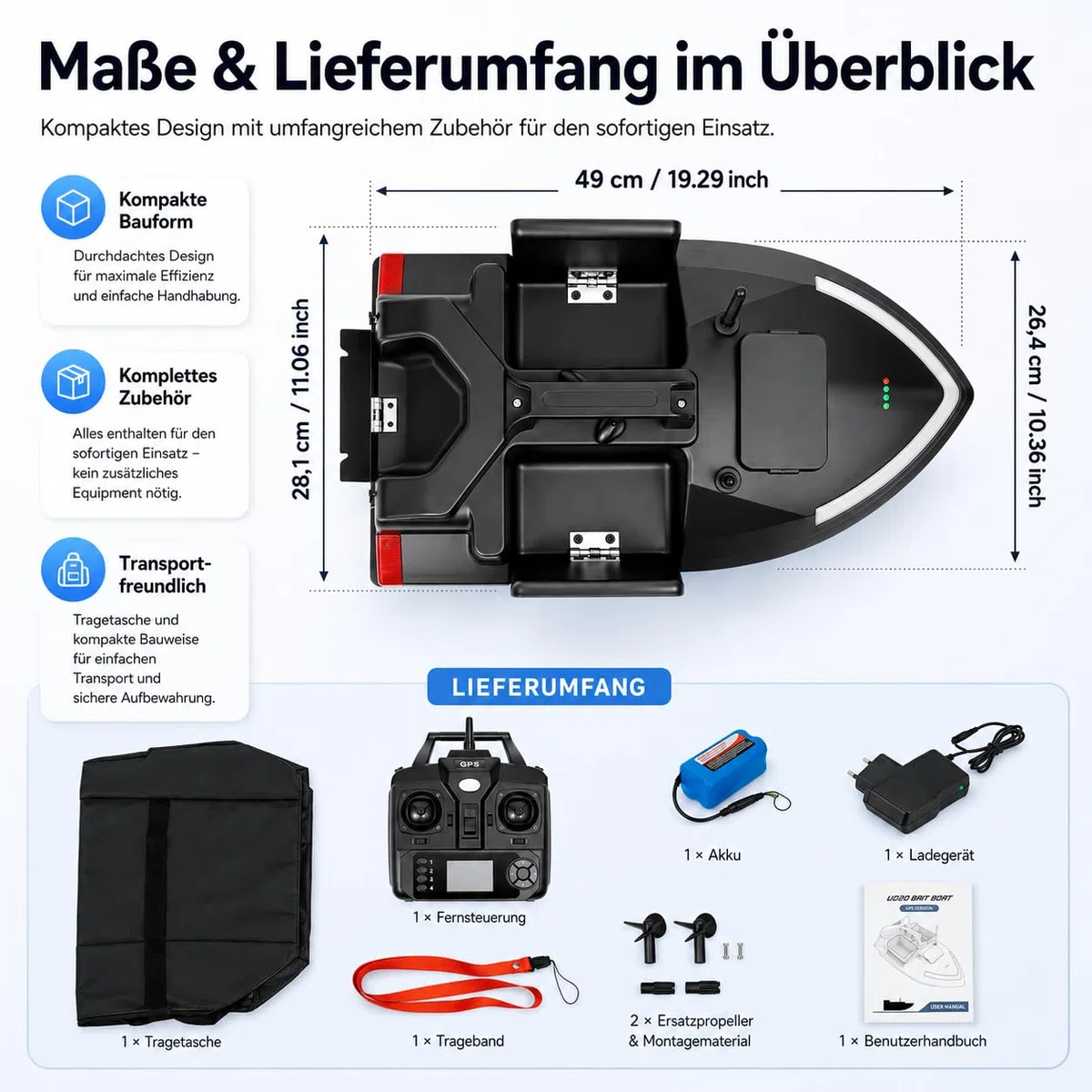 500M RC Köderboot ABS Angelköder Boot Fernbedienung Futterboot mit GPS 3 Köderboxen Fischköder Boot Angeln Futterboot mit Suchscheinwerfer & 12000mAh Batterie (Schwarz)