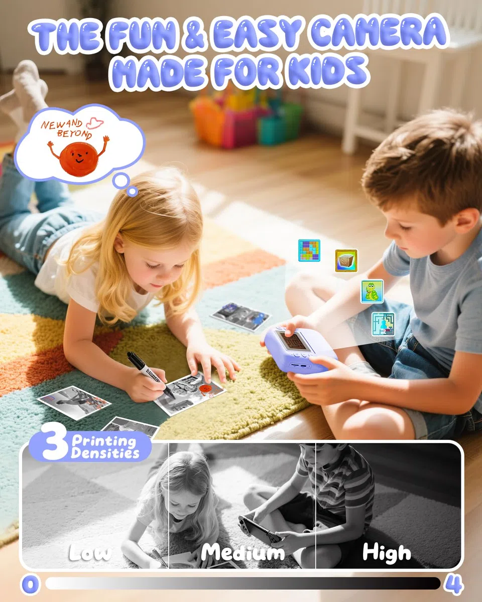 CAMCLID Kinderkamera Sofortbildkamera, 1080P Sofortbildkamera Kinder mit 32GB Karte & 3 Rollen Druckpapier, 48MP Digitalkamera Kinder Kamera, Geschenk für Jungen und Mädchen 3-12 Jahre (Lila)