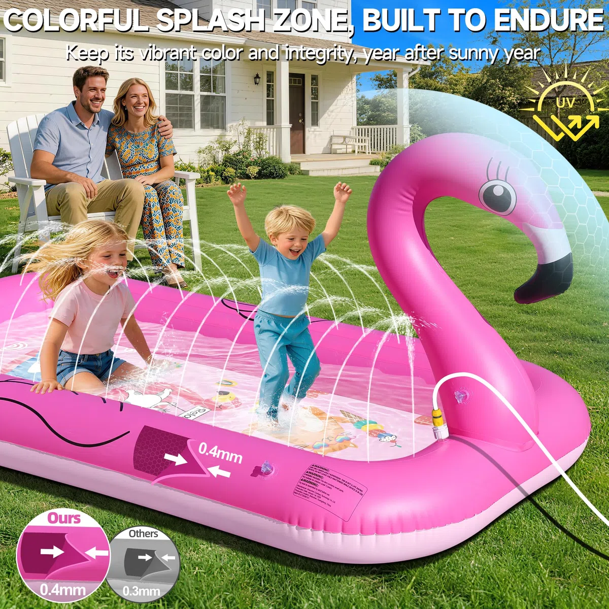 KingSom Splash Pad für Kinder,Flamingo Wassersprinkler Matte mit Antirutschfunktion,Verdickte Wasserspielzeug Kinder Outdoor Wasserspielmatte,Aufblasbares Garten Pool Spielzeug Sprinkler mit Brunnen