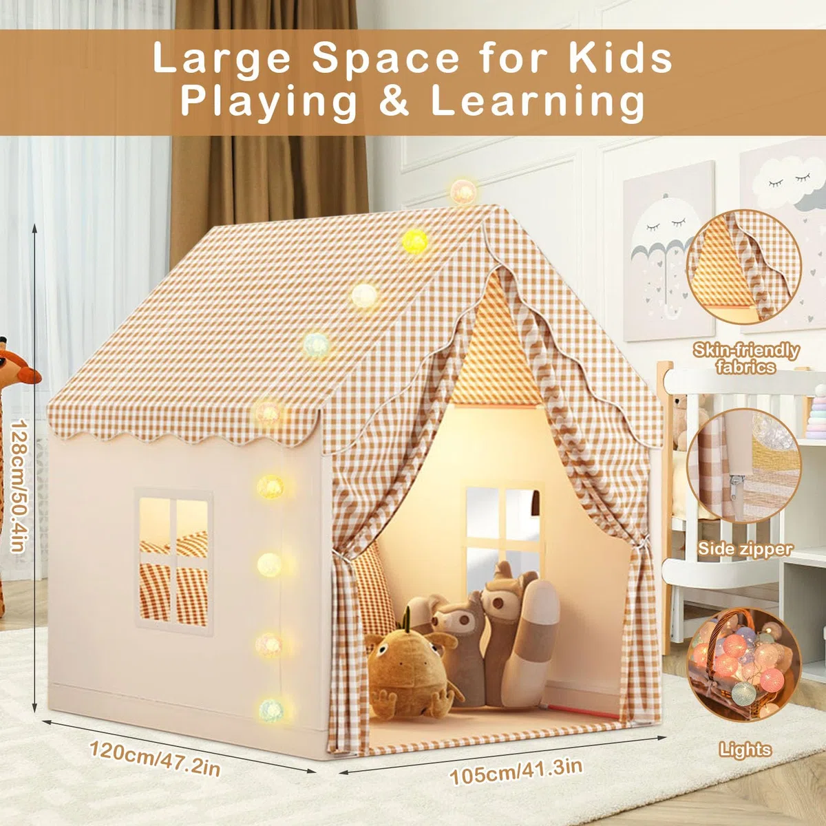 Kinderzelt mit Lichtern und Flaggen, Kinder Bettzelt, Innenbettzelt für Kleinkinder, Spielzelt für drinnen, Prinzessin Zelt mit Fenstern, Kinderspielhaus für Jungen und Mädchen - Khaki (47 * 40 * 51)