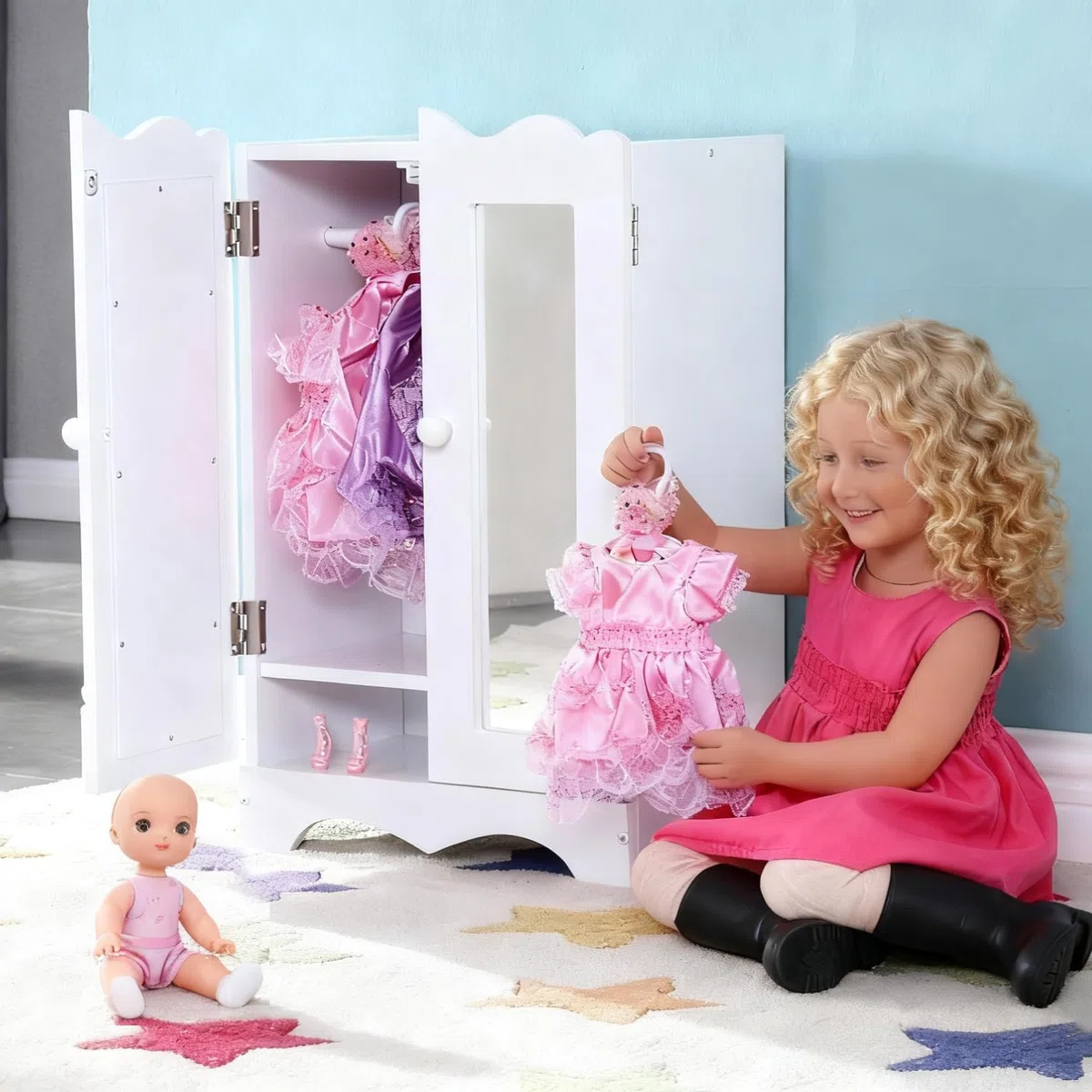 Holzpuppenmöbel mit 6 Kleiderbügeln Offener Kleiderschrank Organizer Puppenschrank für Puppen Spielzeug Puppenhaus Zubehör Passend für Puppe bis 20''