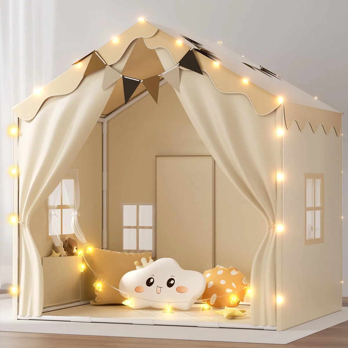 EagleStone 2-in-1 Kinderzelt mit Sternenlicht & gepolsterter Matte, Spielzelt und Bettzelt für Kinder Indoor & Outdoor, 2 Türen, 4 Fenster, 2 Seitentaschen, Geschenk für Jungen & Mädchen ab 3 Jahre