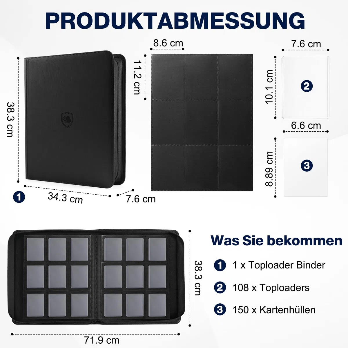 Toploader Sammelkarten Album für 288 Toploader, 108 Toploaders Inklusive, Premium-PU-Cover Kartenordner für 3" x 4" Rigid Toploader, Ringloses beidseitiges Toploader-Sammelalbum für TCG & Sportkarten