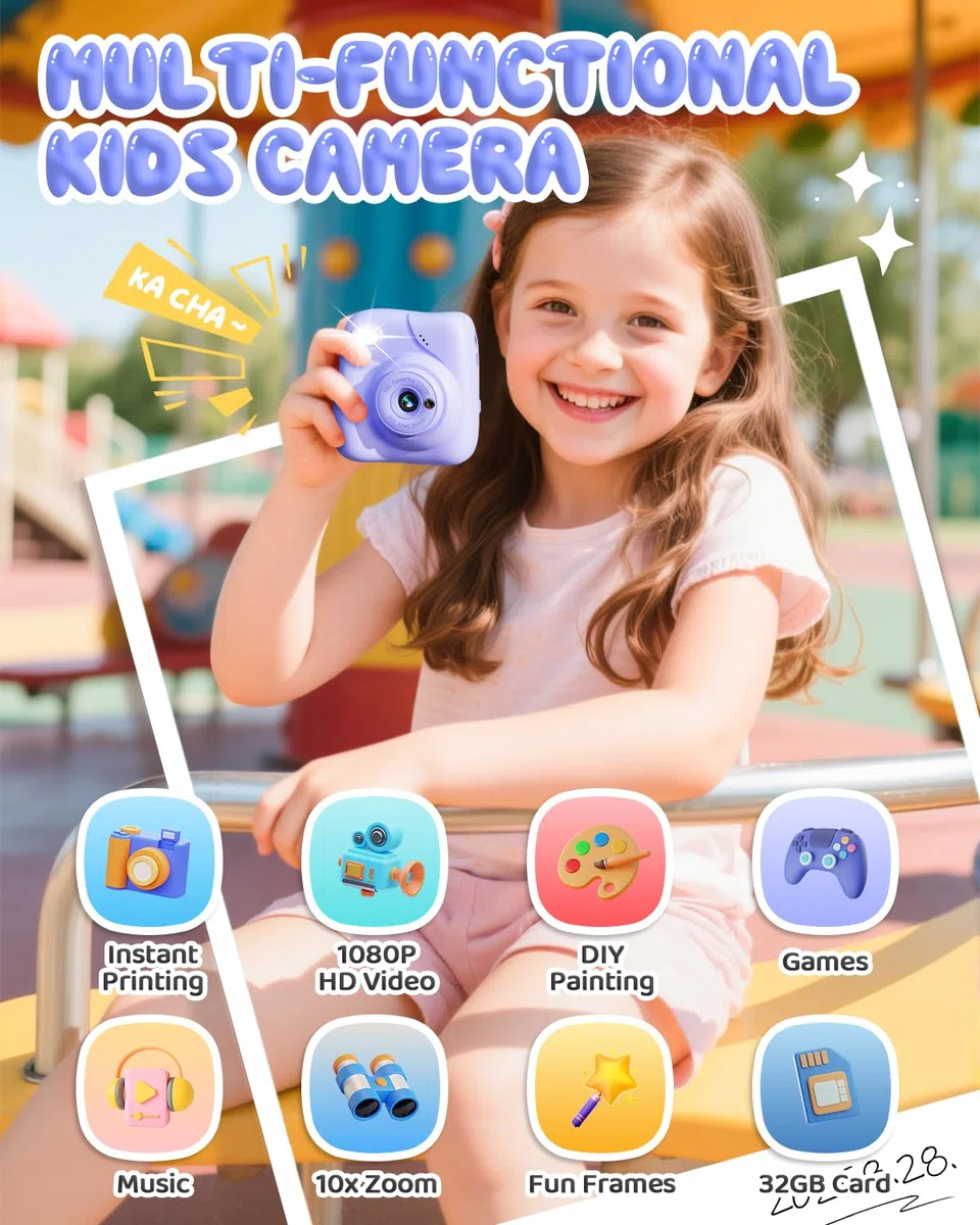 CAMCLID Kinderkamera Sofortbildkamera, 1080P Sofortbildkamera Kinder mit 32GB Karte & 3 Rollen Druckpapier, 48MP Digitalkamera Kinder Kamera, Geschenk für Jungen und Mädchen 3-12 Jahre (Lila)