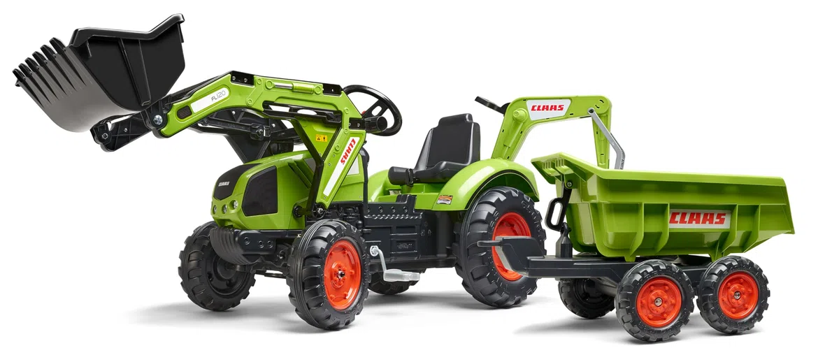 FALK - Bagger mit Pedalen Claas mit Bagger und Maxi-Kippanhänger – ab 3 Jahren Schaufel vorne und Bagger mit Gelenken – Drehbarer Sitz – 2070 W