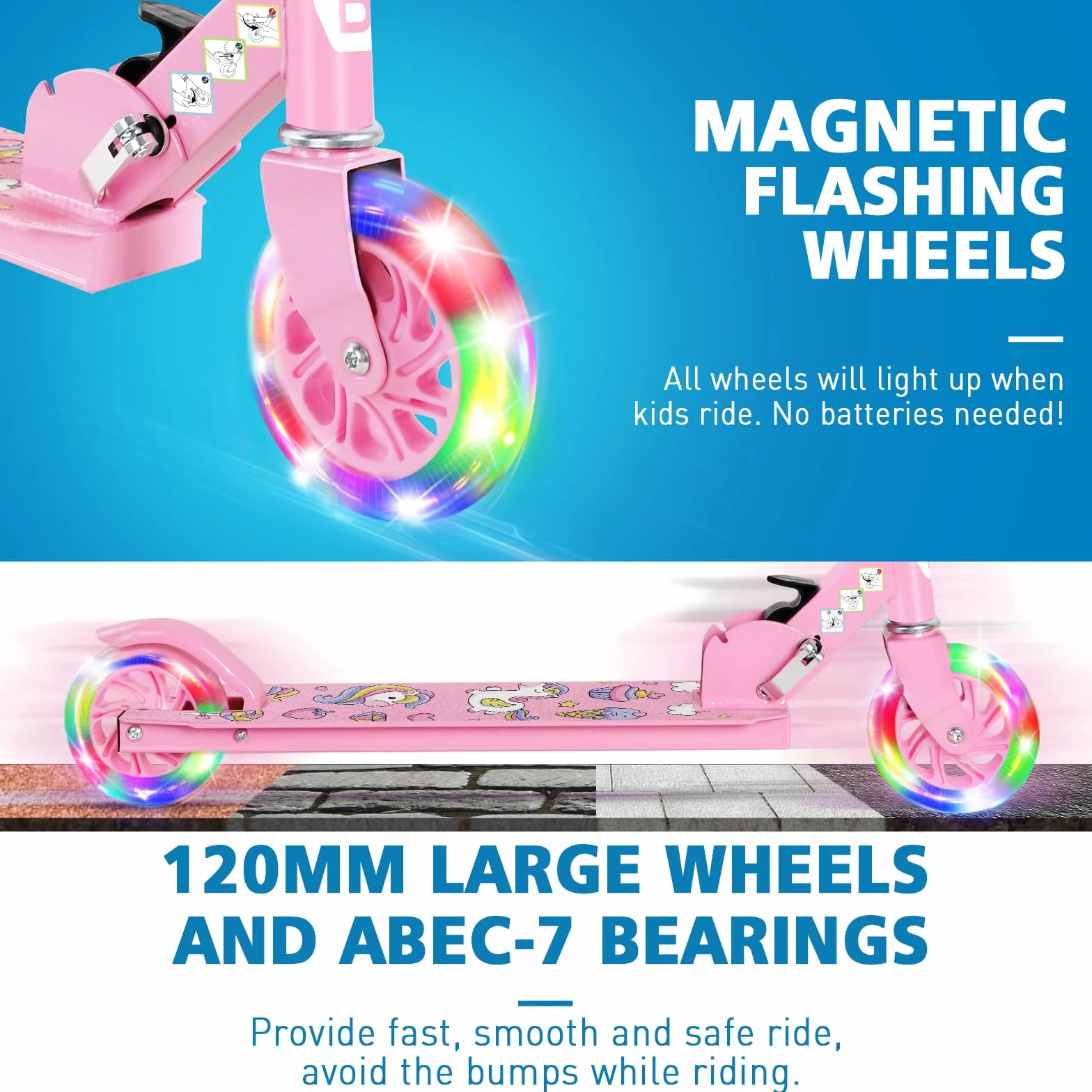 BELEEV V1 Roller Kinder 2 Räder, Klappbar Kinderroller für Mädchen Jungen, Tretroller mit LED Leuchtende Räder, 3 Höhenverstellbare, Ständer, Scooter for Kinder ab 3-12 Jahre