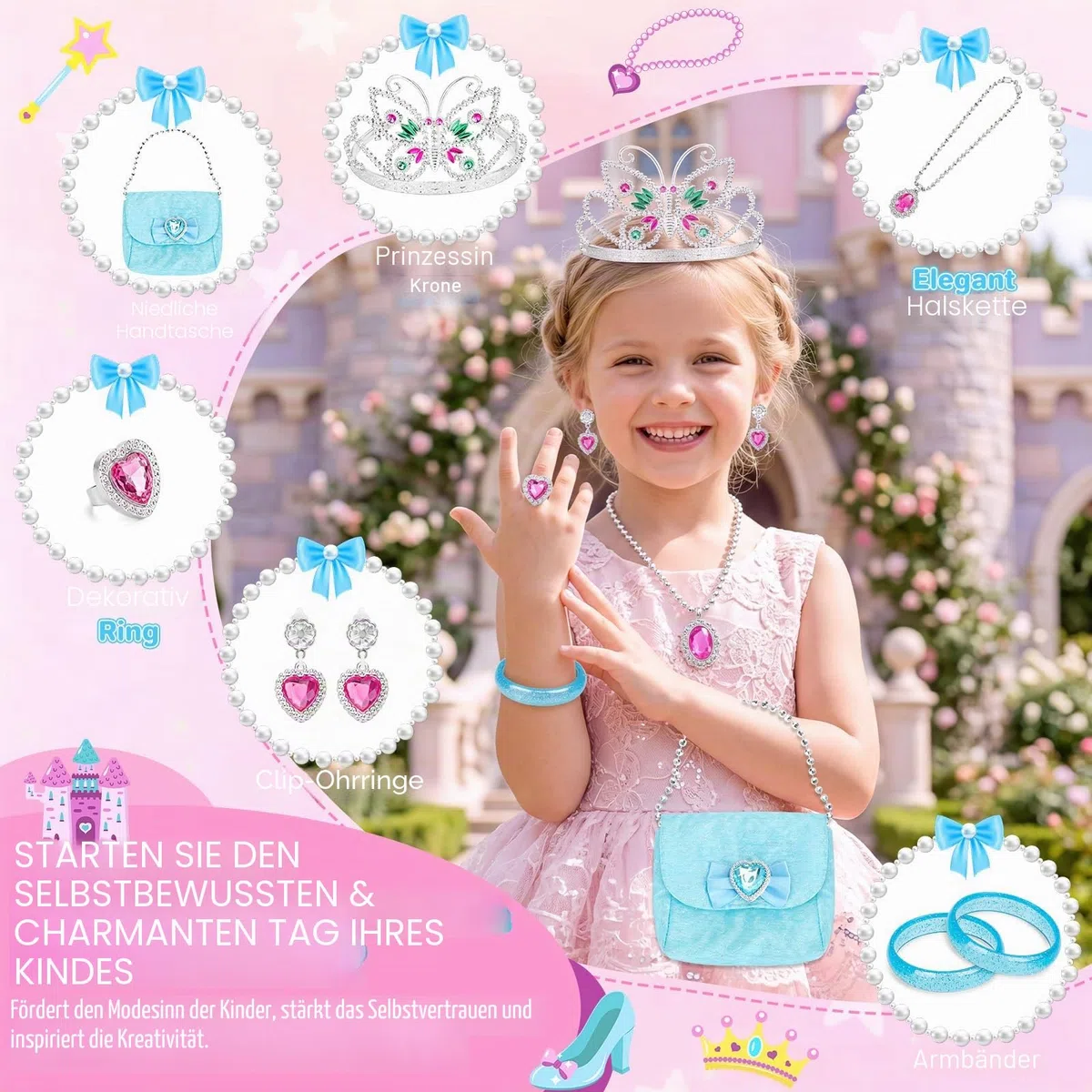 deAO Princess Schuh Spielzeug- und Schmuckboutique mit 4 Paar Schuhen, Armbändern, Halskette, Tasche, Ohrringen und Krone Mädchen-Tiara inklusive Kinder Schminkset Prinzessin Schuhe Mädchen