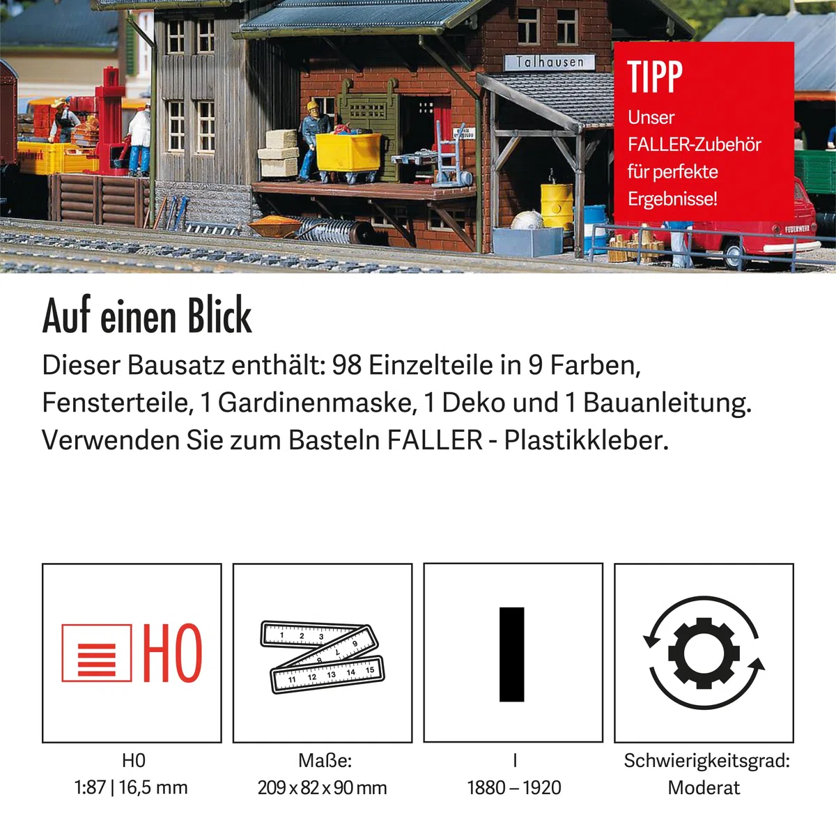 FALLER Güterbahnhof Modellbausatz mit 98 Einzelteilen 209 x 82 x 90 mm I Modelleisenbahn Zubehör H0 Gebäude I Modelleisenbahn H0 Lagerschuppen
