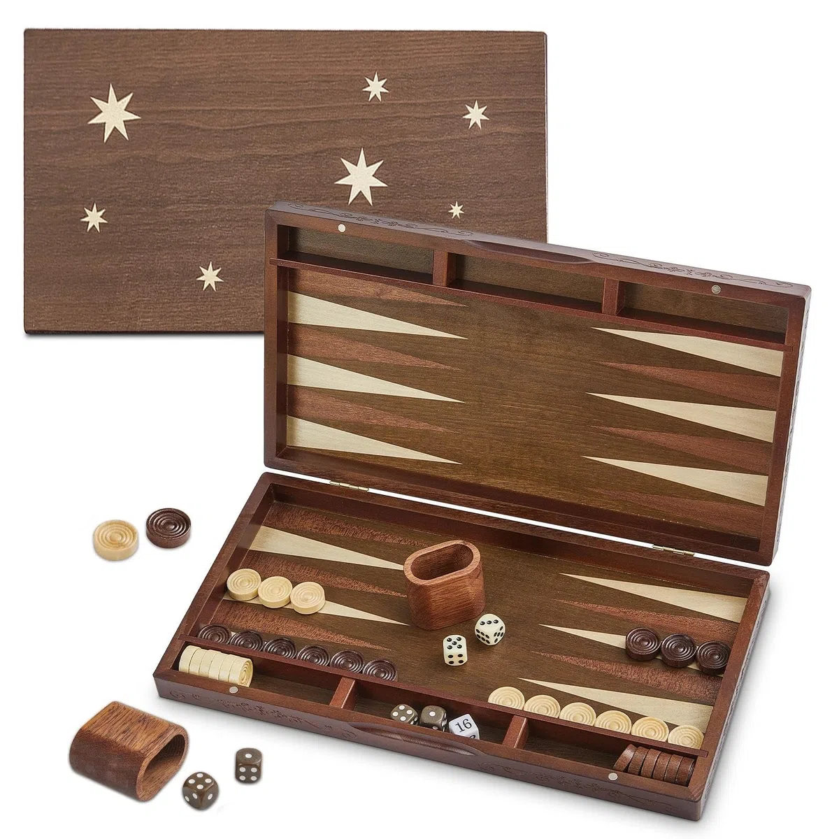 Backgammon Set für Erwachsene Großes 40cm Spielbrett aus Holz Kompakt klappbar & perfekt für Reise Inkl Würfel Klassisches Brettspiel für Zuhause