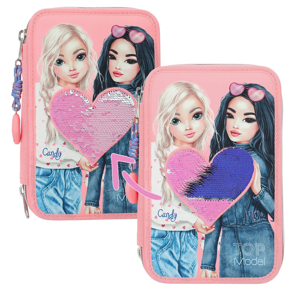 Depesche 12950 TOPModel - Gefüllte 3-Fach Federtasche in Rosa, mit Model Motiv und Wendepailletten, Federmappe mit Buntstiften, Lineal, Schere uvm.