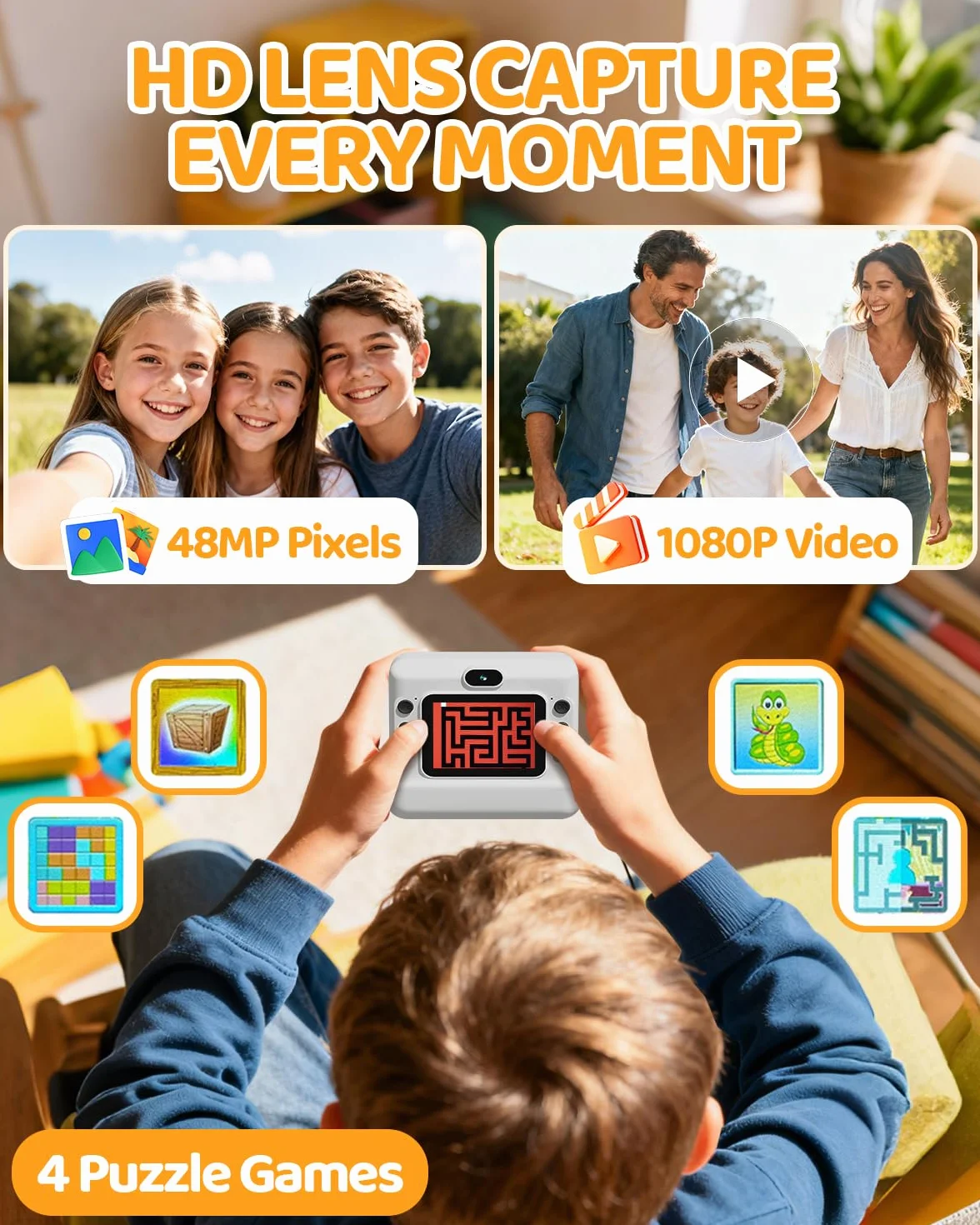 CalineGam Kinderkamera Sofortbildkamera, 1080P HD Sofortbildkamera Kinder mit 32 GB Karte und 3 Papierrollen, Kinderspielzeug mit Zwei Objektiven, Geschenke für Jungen & Mädchen von 3-12 Jahren