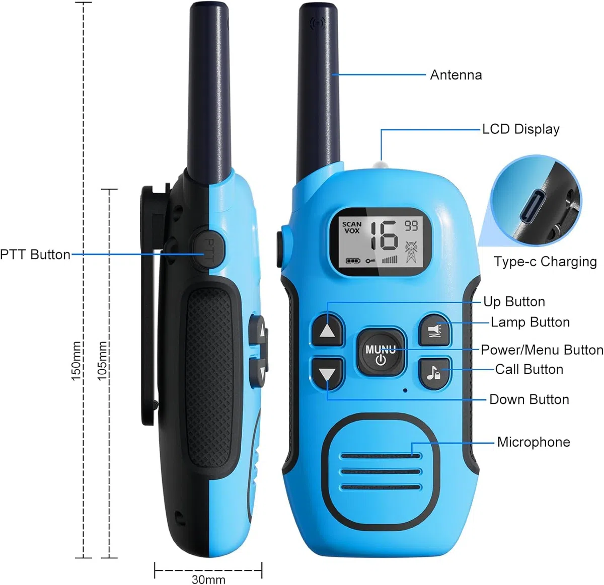 Walkie Talkie Aufladbar für Erwachsene Kinder Funkgeräte, DURLK 3er Set Walki Talki mit 16 Kanäle, bis zu 5 km Reichweite VOX Taschenlampe USB-C, Geschenke für Jungen Mädchen Draußen, Camping, Wandern