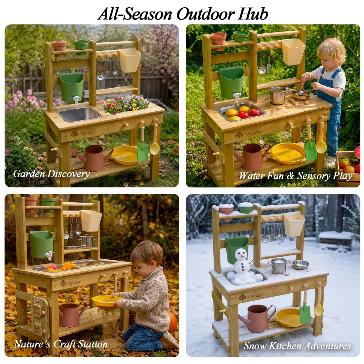 TOYWOO Matschküche Kinder Outdoor Spielküche, 3-in-1 Matschtisch mit Wassertank & Spülbecken, Gartenspielküche aus finnischem Holz für Jungen Mädchen ab 3 Jahre