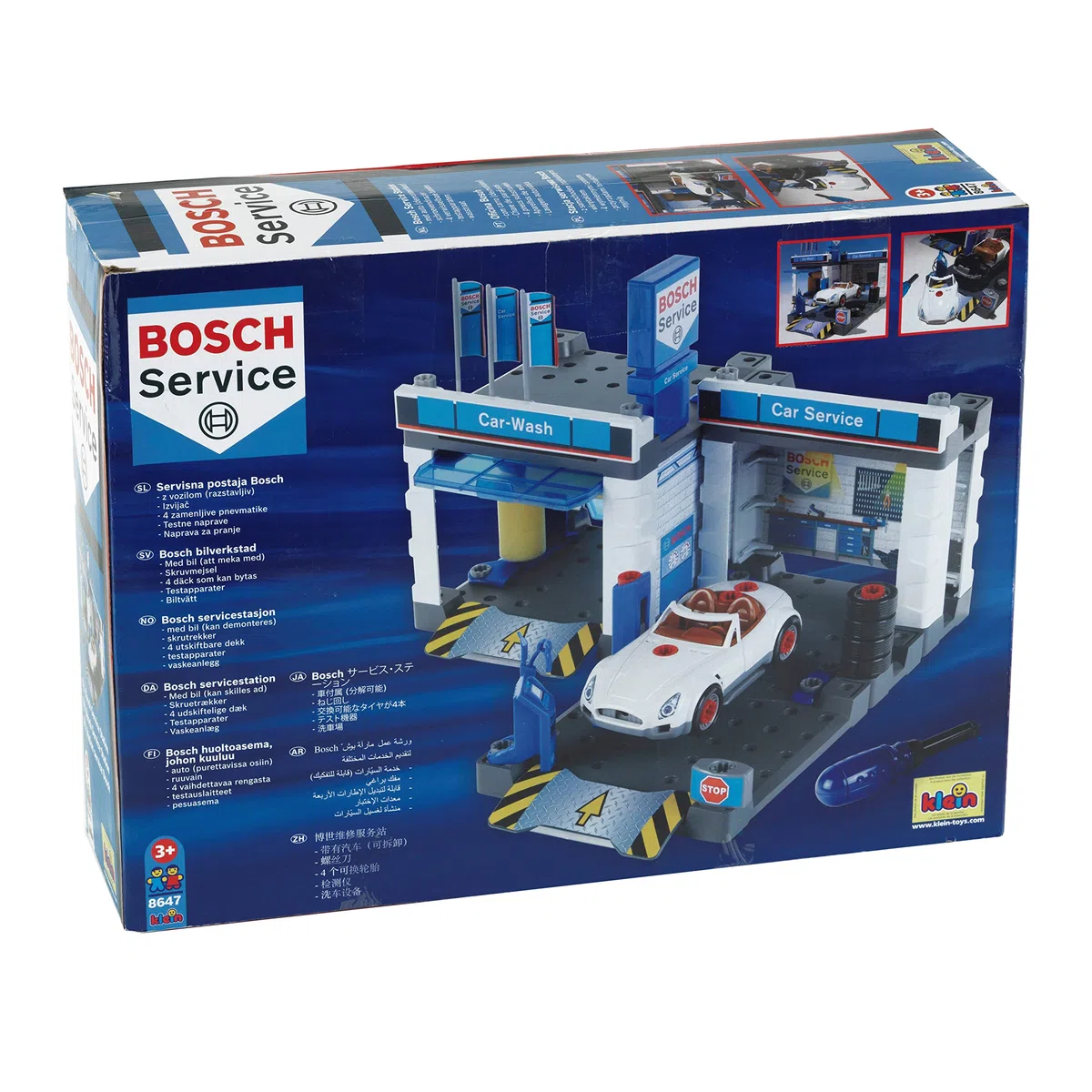 Theo Klein 8647 Bosch Car Service Station | Mit Waschanlage und höhenverstellbarer Hebebühne | Inklusive demontierbarem Auto | Maße: 41 cm 39 cm 29 cm | Spielzeug für Kinder ab 3 Jahren