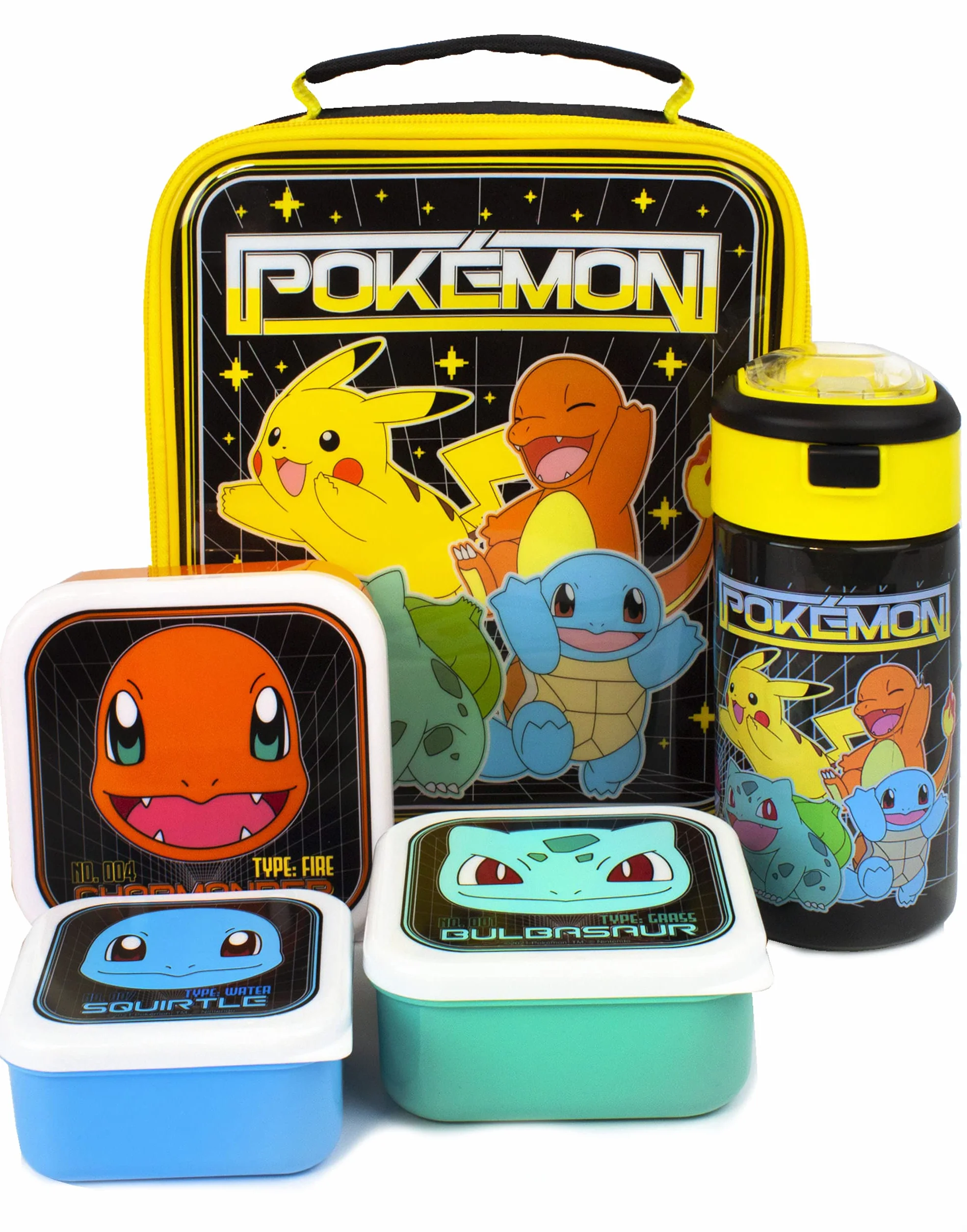 Pokemon Lunchtaschen-Set | Abenteuer mit Pikachu, Bulbasaur, Squirtle, Charmander | 5-teilige Schulessentasche mit BPA-freier Wasserflasche und Snacktöpfen | Spaß in Einheitsgröße