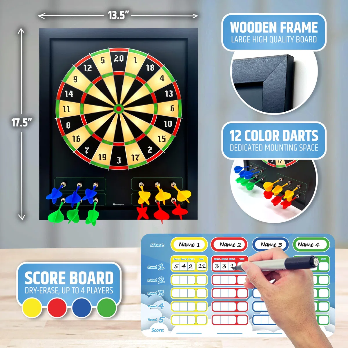 HMmagnets Große und sichere magnetische Dartscheibe (Holzrahmen) für Kinder und Erwachsene – lustiges Spiel für bis zu 4 Spieler – inklusive 12 bunten Dartpfeilen + trocken abwischbaren Punktebrett (2