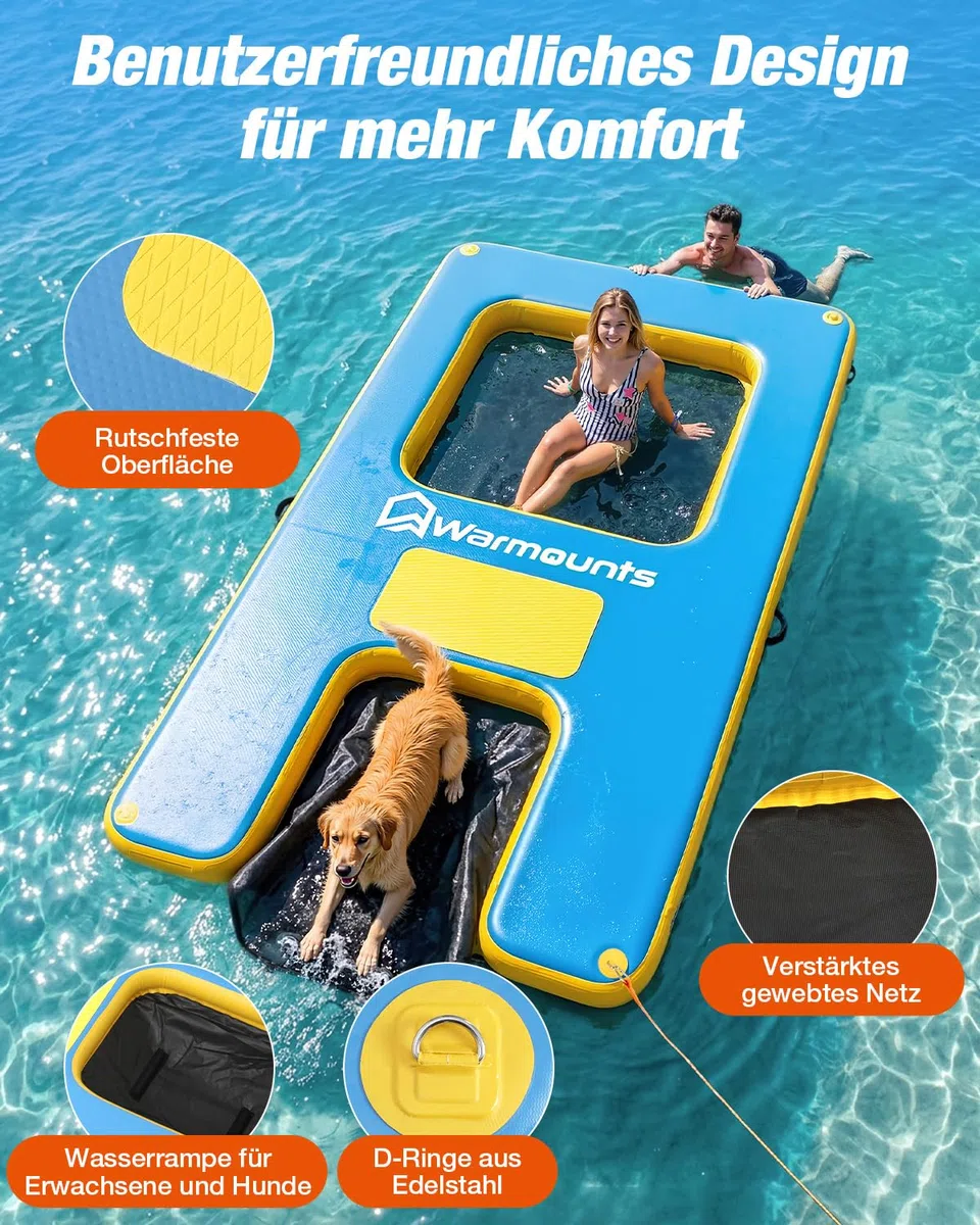WARMOUNTS Aufblasbare Schwimminsel mit Hunderampe & Wasserhängematte, rutschfeste Schwimmplattform für See Pool Meer, Badeinsel für Erwachsene & Hunde (300x180cm, 340kg) inkl. Pumpe & Tasche
