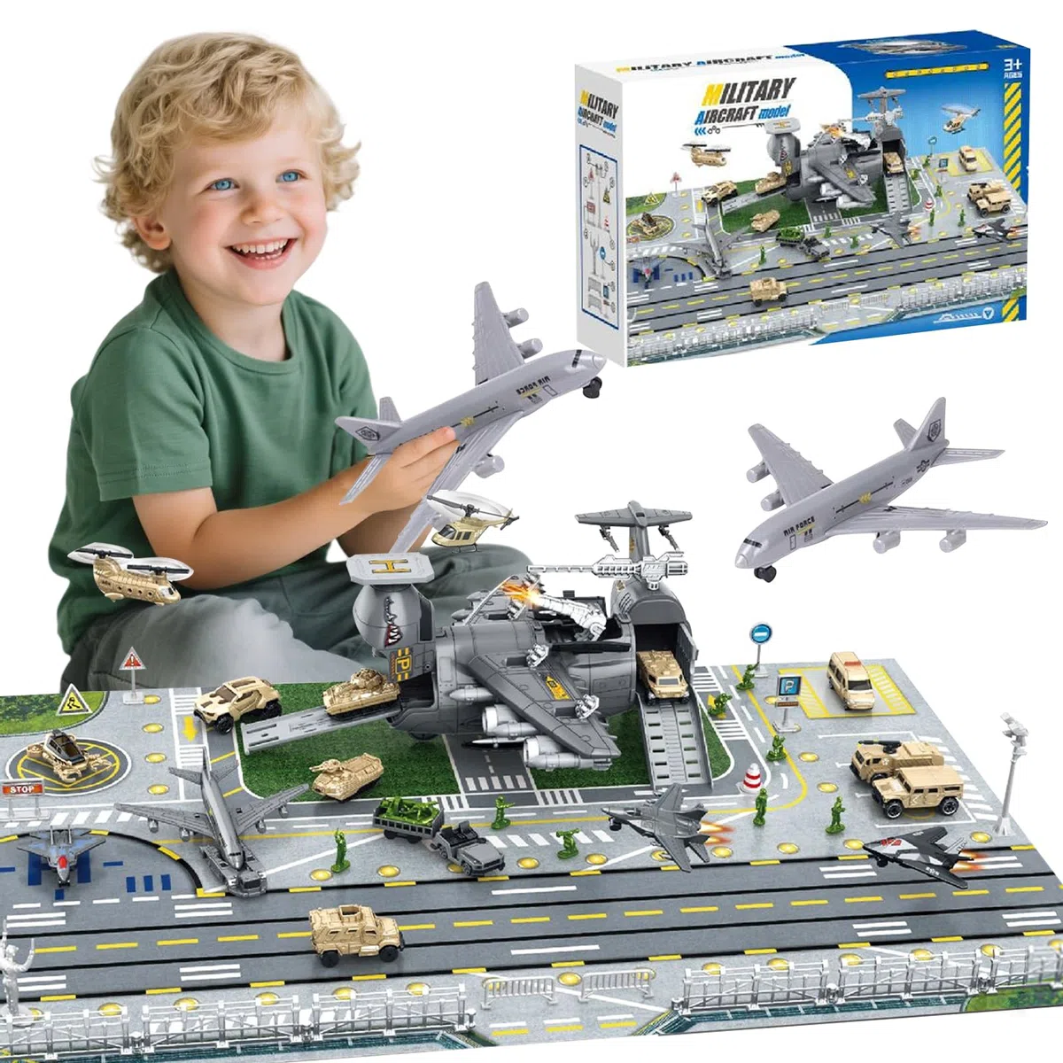 Militär Transport Fracht Flugzeug Militärflugzeug Autos Spielzeug mit Fahrzeug Soldaten Hubschrauber Kampf, Modell Spielzeug mit Figuren,Mini Armee Basis Spielkarte für Kinder 3+ Jungen Mädchen