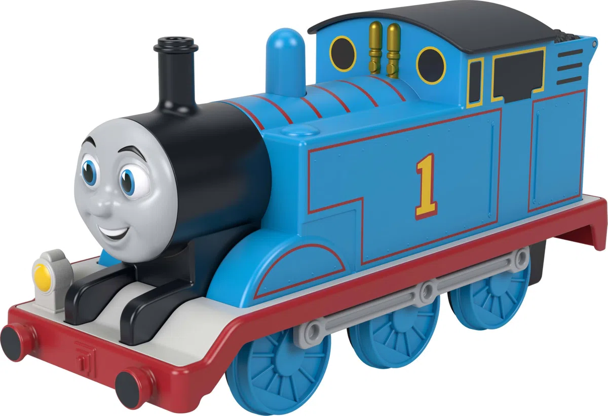 Thomas & Seine Freunde Spielzeugzug von Fisher-Price, riesiger pfeifender Thomas, große Lok, den Dampfdom drücken, damit der Zug pfeift, Gepäckfach, JRW12