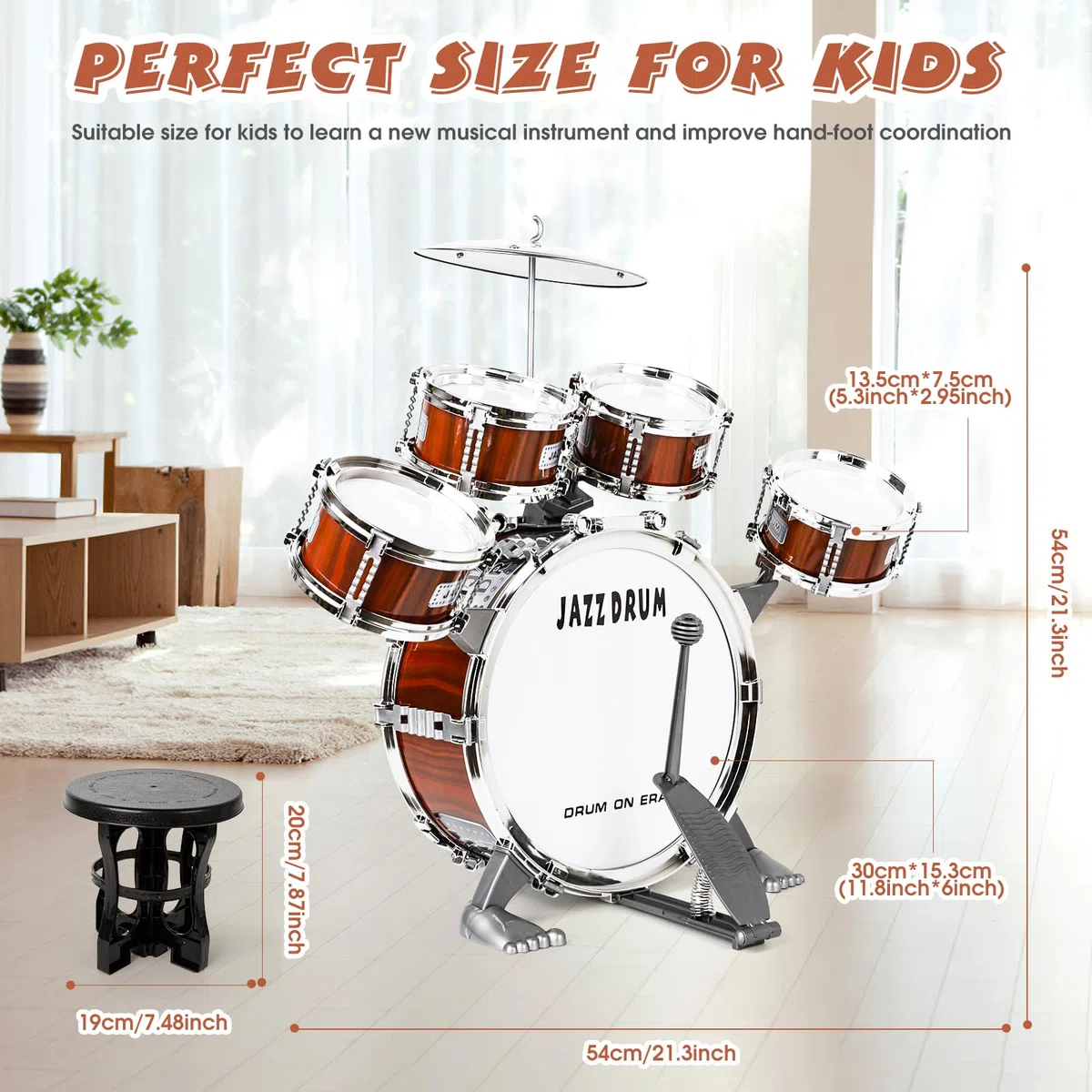 Schlagzeug für Kinder, 5 Trommeln mit Hocker, Musikinstrument für frühkindliche Bildung, passend für Kinder ab 3 Jahren, Drumset für Jungen & Mädchen