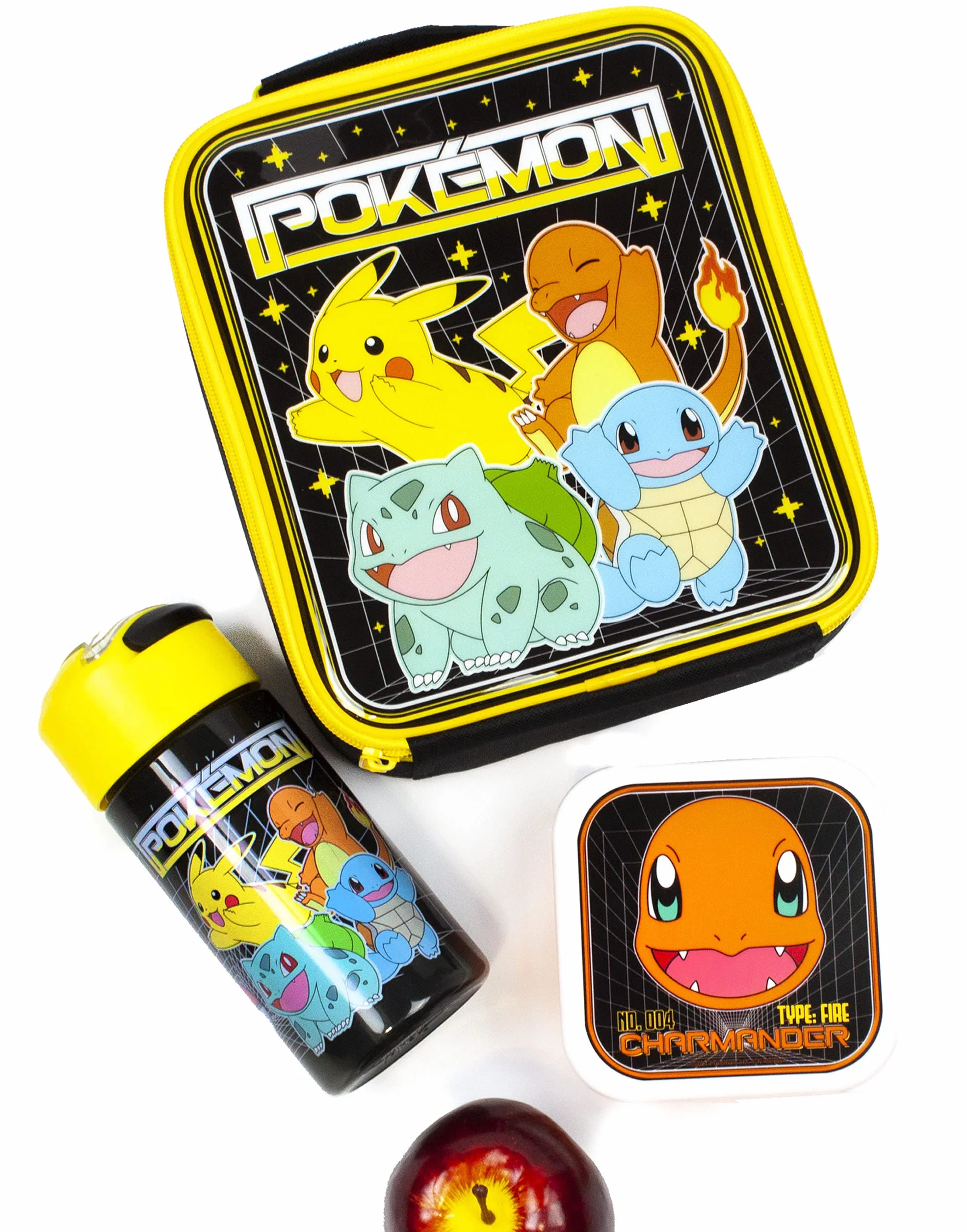 Pokemon Lunchtaschen-Set | Abenteuer mit Pikachu, Bulbasaur, Squirtle, Charmander | 5-teilige Schulessentasche mit BPA-freier Wasserflasche und Snacktöpfen | Spaß in Einheitsgröße