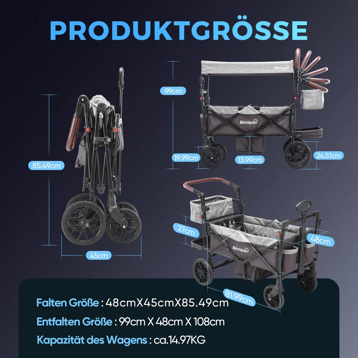 Bollerwagen für 2 Kinder, faltbarer Kleinkinderwagen mit Dach und abnehmbarem Tablett,Tür mit Reißverschluss,5-Punkt-Gurt, verstellbarer Griff, Bollerwagen mit Sitz (Grau)