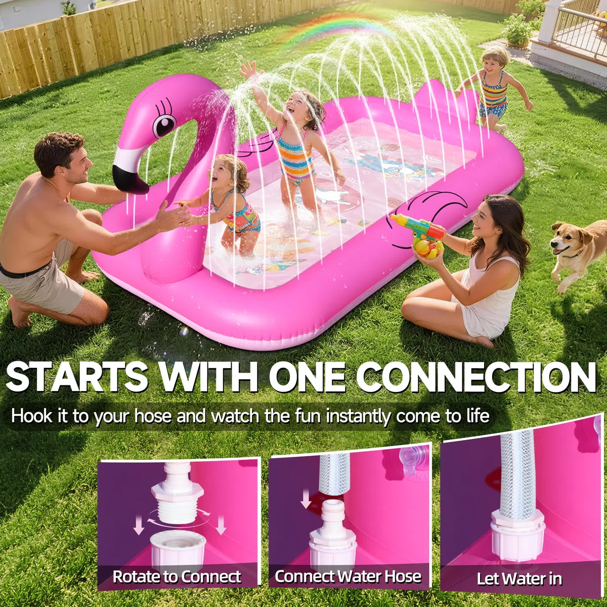 KingSom Splash Pad für Kinder,Flamingo Wassersprinkler Matte mit Antirutschfunktion,Verdickte Wasserspielzeug Kinder Outdoor Wasserspielmatte,Aufblasbares Garten Pool Spielzeug Sprinkler mit Brunnen
