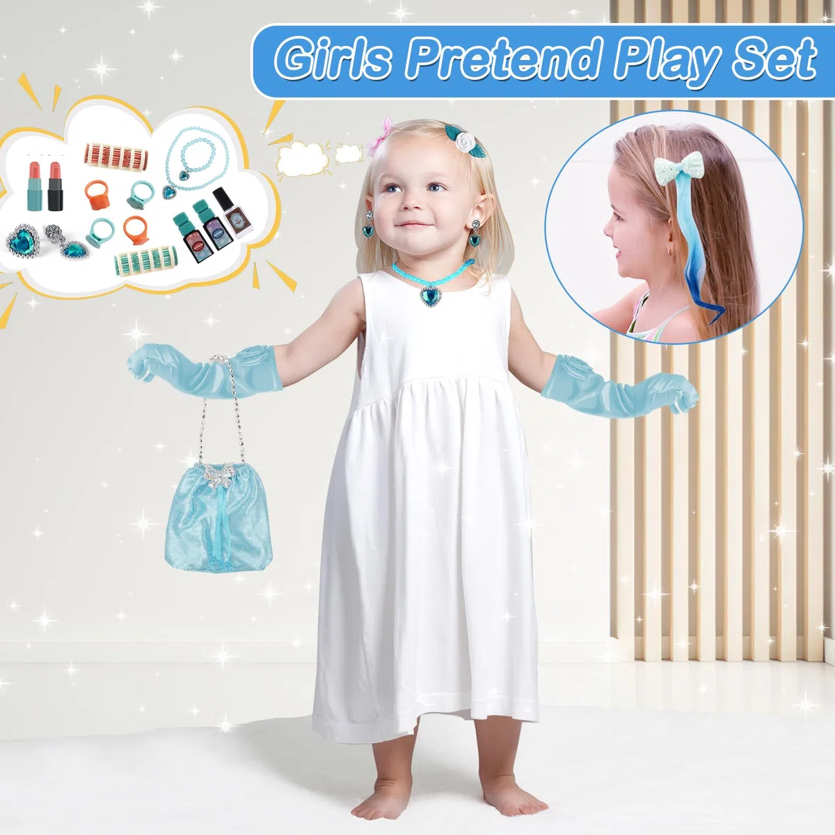 deAO Schminktisch Frisiertisch für Mädchen mit Hocker, Musik & Licht, Princess Schönheitsstudio Frisiersalon Kinderschminke Set, mit Styling-Zubehör Friseur Set für Kinder ab 3 Jahren | Blau