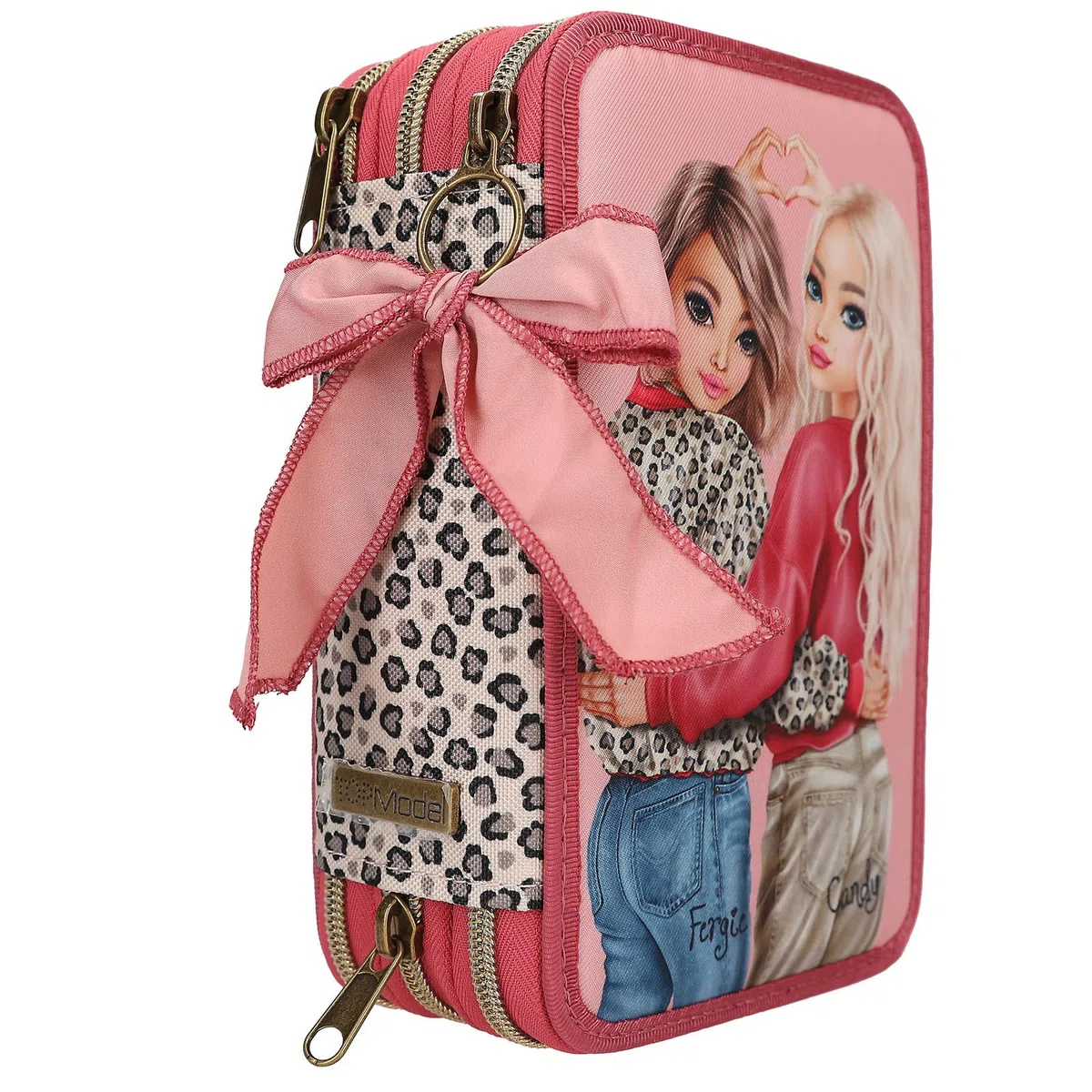Depesche 13639 TOPModel Leoheart - Gefüllte 3-Fach Federtasche in Rosa und Rot, mit Model Motiv und Leo-Print, Federmappe mit Buntstiften, Schere, Lineal UVM.