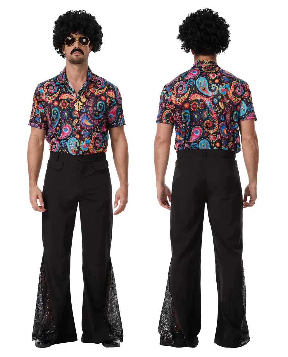 70er Jahre Disco Kostüm Set Herren - Komplettes 70s Outfit mit Pailletten Hemd, Schlaghose, Afro Perücke, Sonnenbrille, Dollar Kette & Zubehör für Karneval Halloween Mottoparty