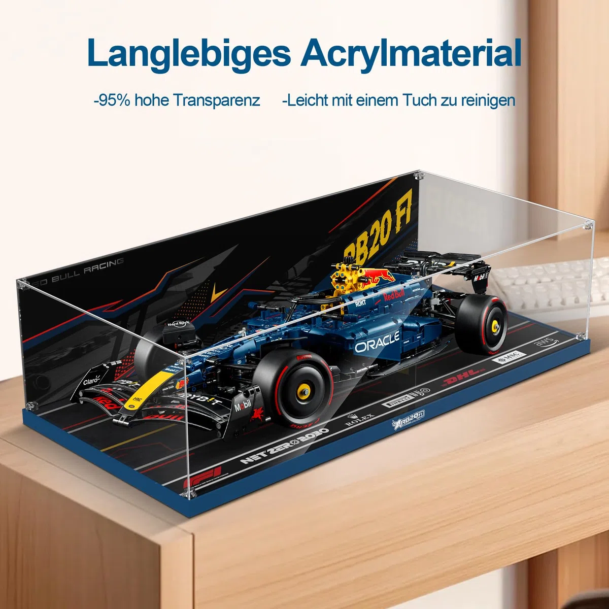 cooldac Acryl-Vitrine kompatibel mit Lego 42206 Oracle Red Bull Racing RB20 F1 Rennauto(Nur Box, Kein Modell), Staubdichtes Transparentes HD Backdrop Display Case für Lego Technic 42206 F1 Rennauto