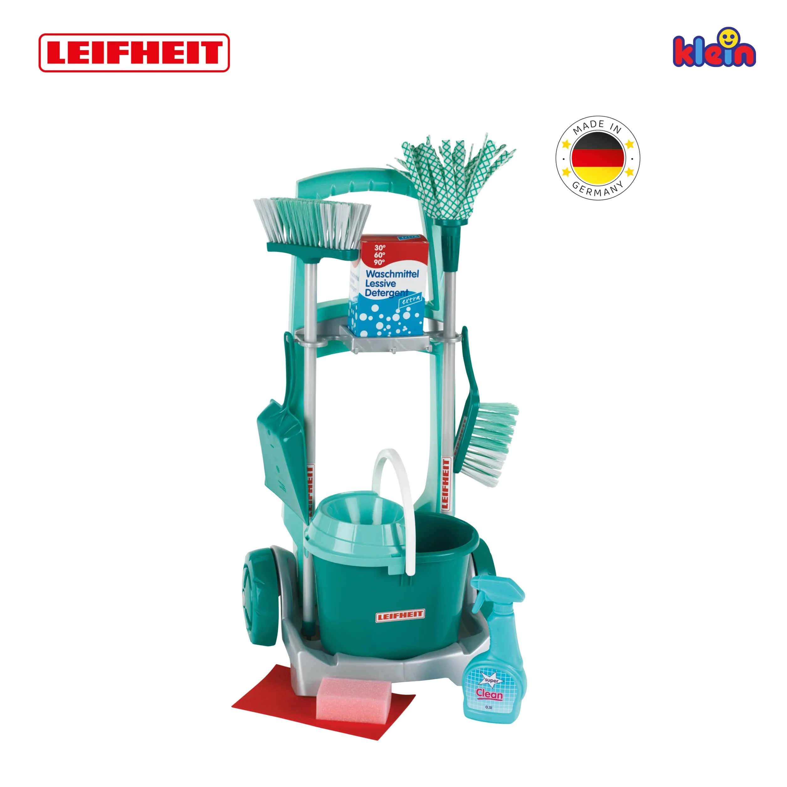 Theo Klein 6562 Leifheit Besenwagen mit robustem Zubehör | Inkl. Wischmop, Eimer, Besen u.v.m. I Maße: 29 cm x 24 cm x 60 cm I Spielzeug für Kinder ab DREI Jahren