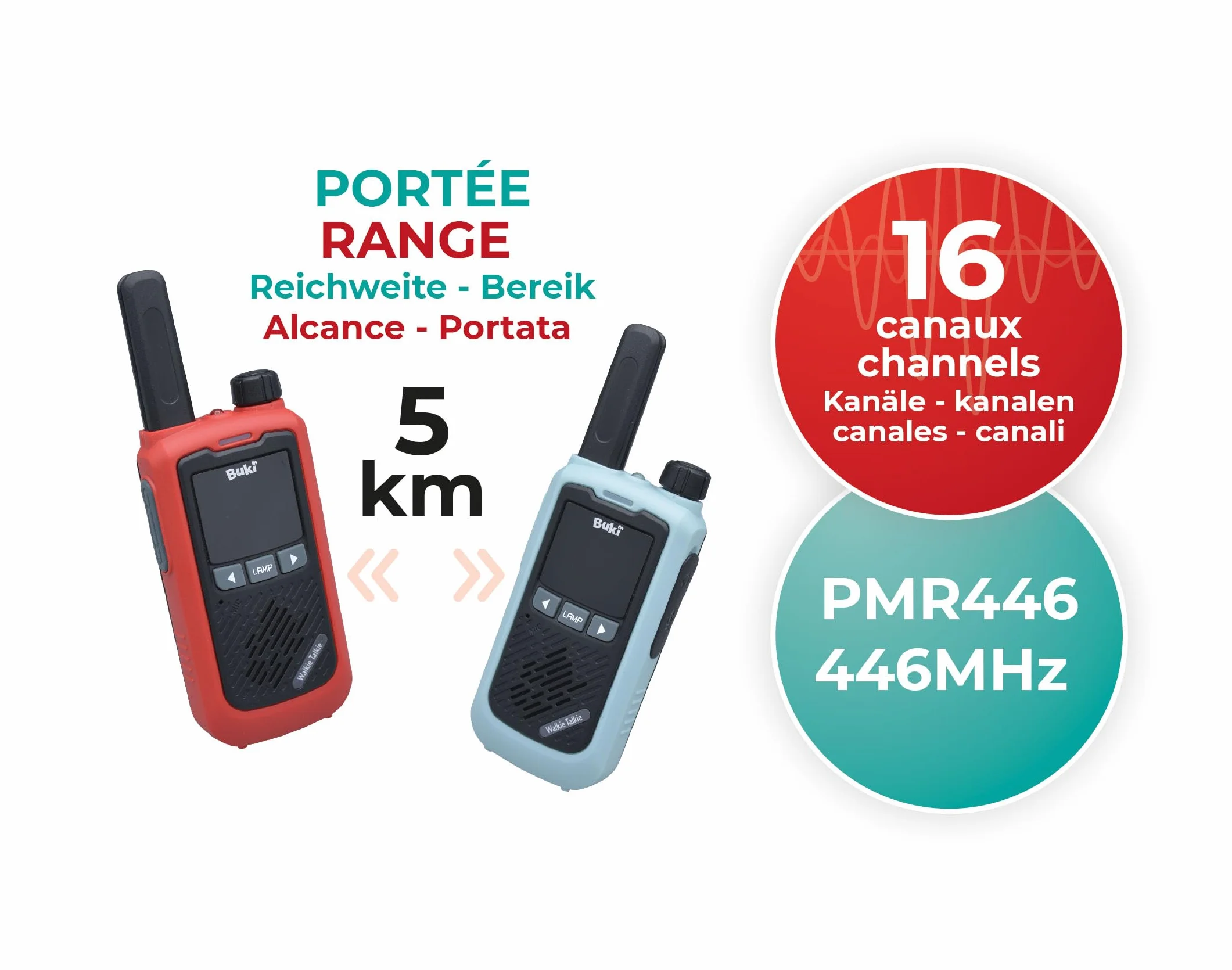 BUKI TW05 - Walkie-Talkies mit wiederaufladbarer Lithium-Batterie – 5 km Reichweite, 16 Kanäle, schwarz