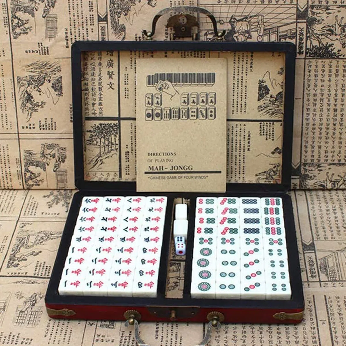 144 Mahjong Fliesen, Antique Mahjong Anzug Mahjong Set Reise Tragbares chinesisches Mah Jong antikes Familienspiel Töte langweilige Zeit für Erwachsene, lustige kleine Spiele