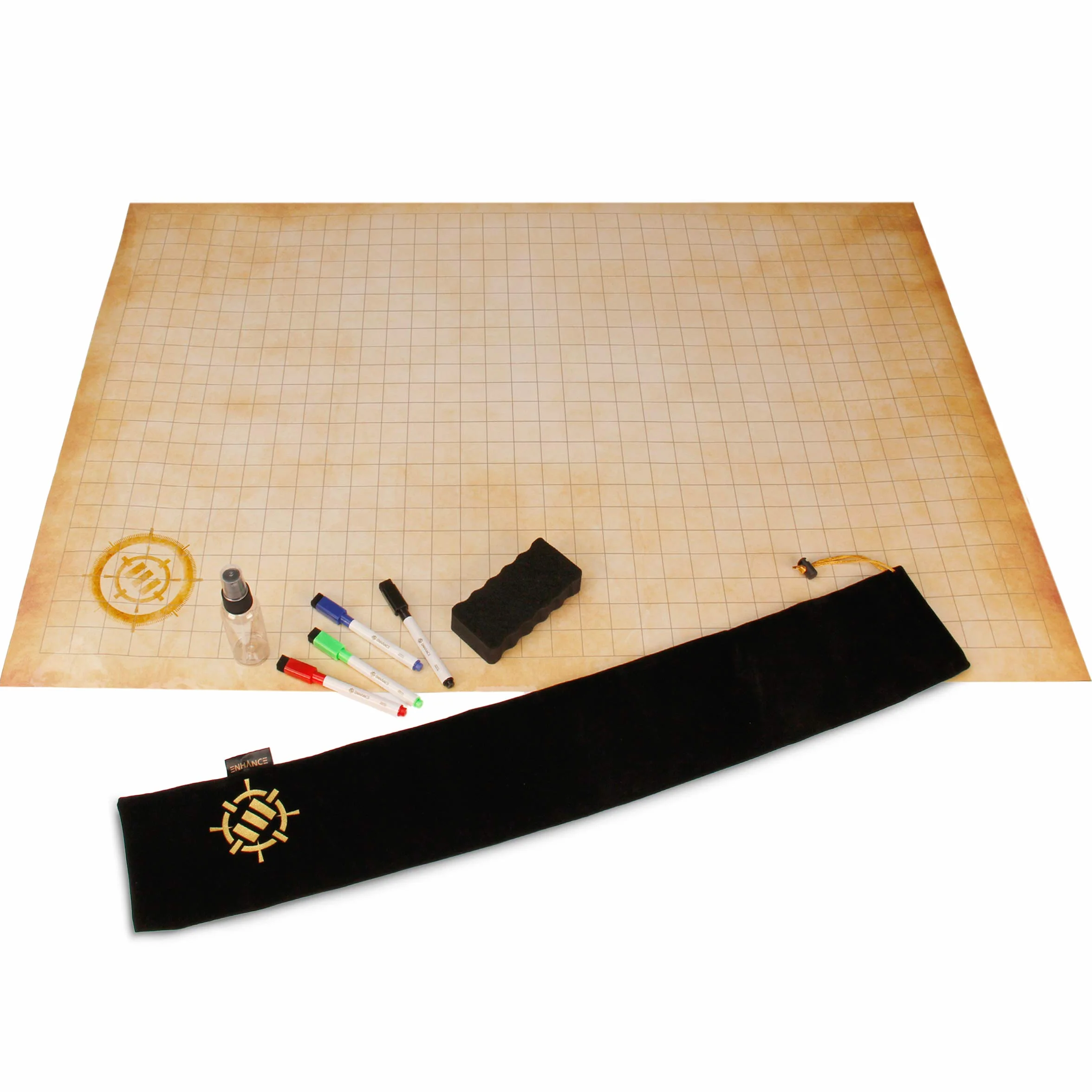 ENHANCE RPG-Gittermatte – Tisch-DND-Karte (61 x 91,4 cm), trocken abwischbare Rollenspielmatte, komplettes Gaming-Set, löschbare Kampfgitter-Spielmatte aus Pergament mit Reisetasche, Marker-Set