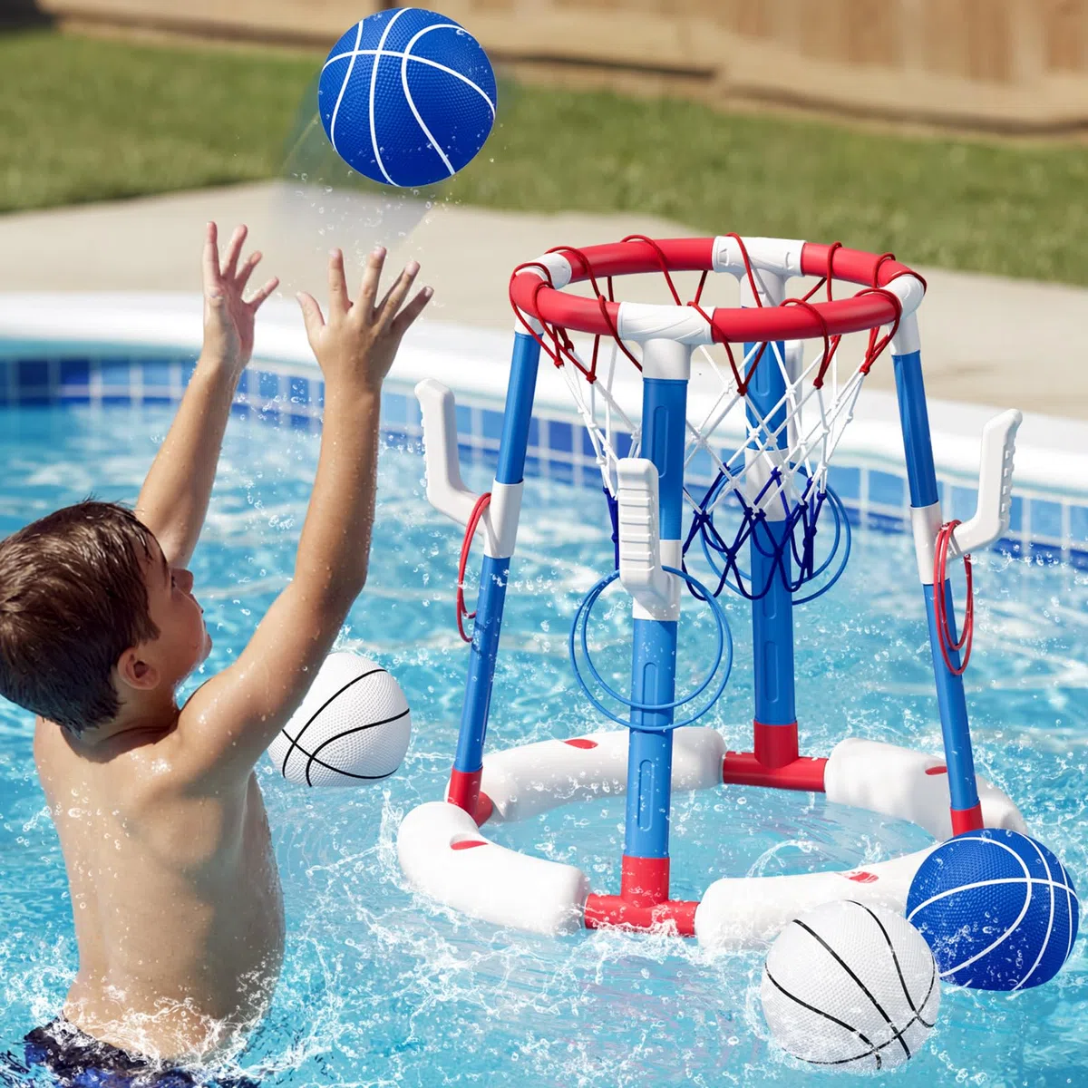 Pool Basketballkorb für Kinder, Wasserspielzeug Pool Basketball mit Backboard, 4 Bällen, 8 Ringen, Pumpe, Outdoor Schwimmbad Sommer Wasser Spielzeug Geschenke für Kinder 4-8 & Erwachsene, Rot