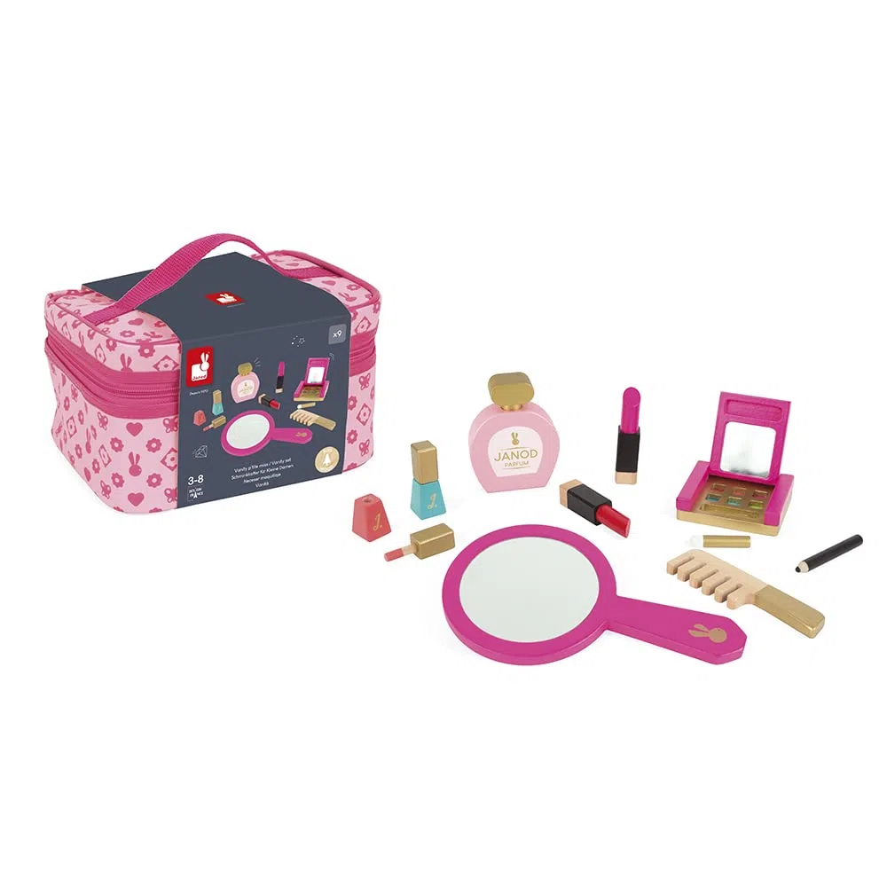 Janod J06514 „J06514“ Schminkkoffer für Kinder, mit 9-teiligen Zubehör aus Holz, Fantasiespielzeug, Schönheit und Kosmetik, Rosafarben