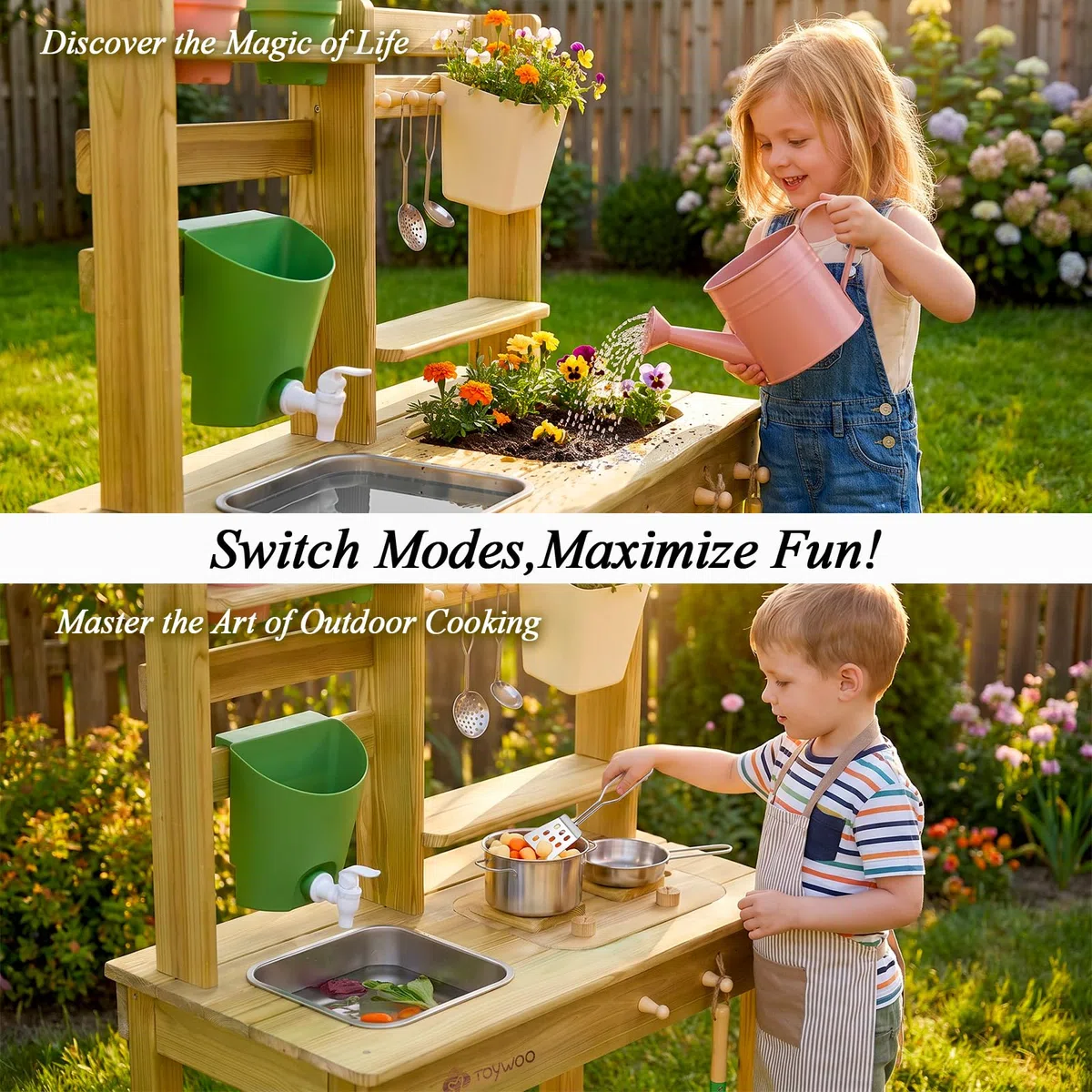 TOYWOO Matschküche Kinder Outdoor Spielküche, 3-in-1 Matschtisch mit Wassertank & Spülbecken, Gartenspielküche aus finnischem Holz für Jungen Mädchen ab 3 Jahre