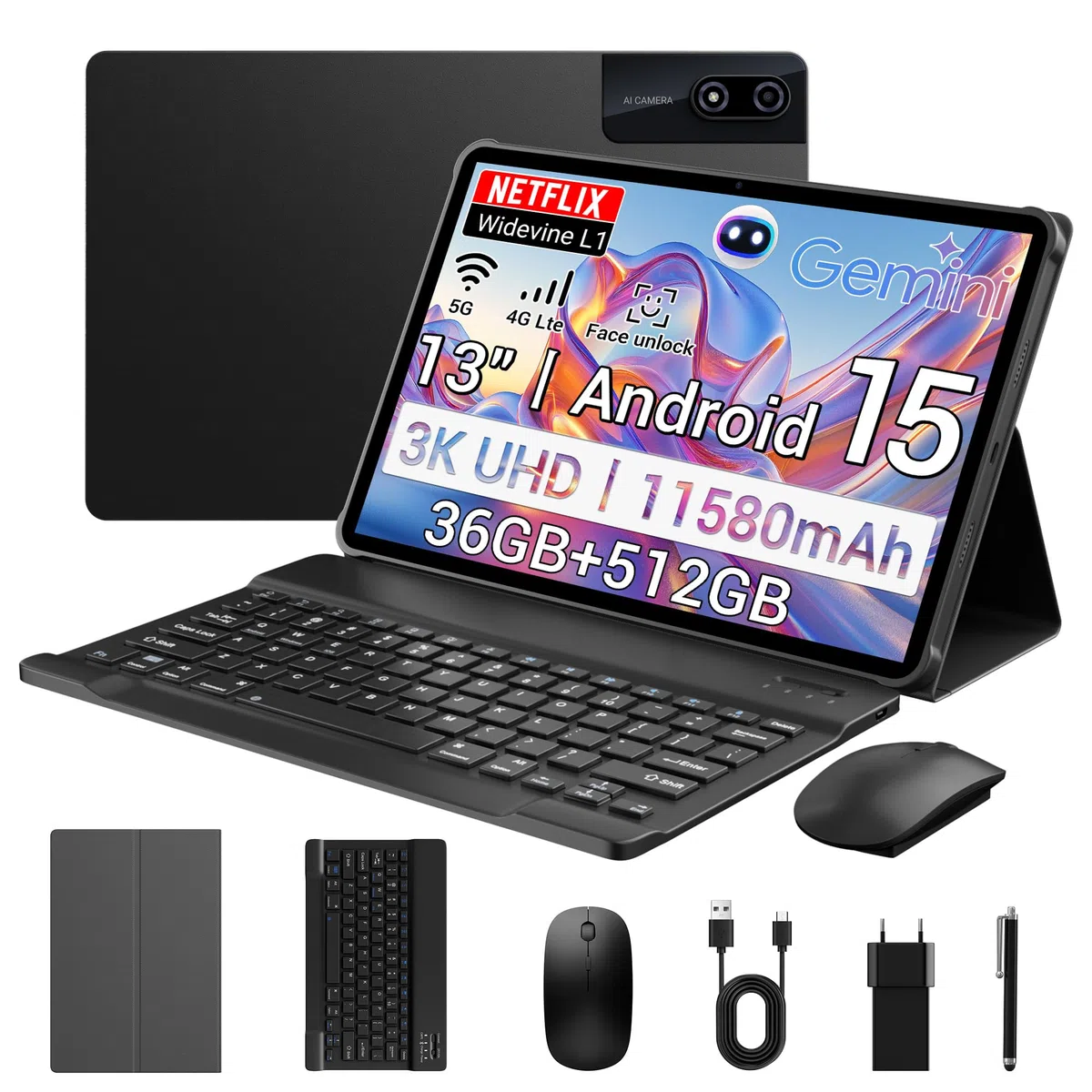 3K 13 Zoll Android 15 Tablet, 36GB RAM, 512GB ROM (erweiterbar auf 2TB), 4G LTE丨5G WLAN, 2940 x 1840, 11580mAh, Octa-Core, 13MP+8MP, Tablet mit Tastatur丨GPS丨Bluetooth丨4 Lautsprechern(Schwarz)