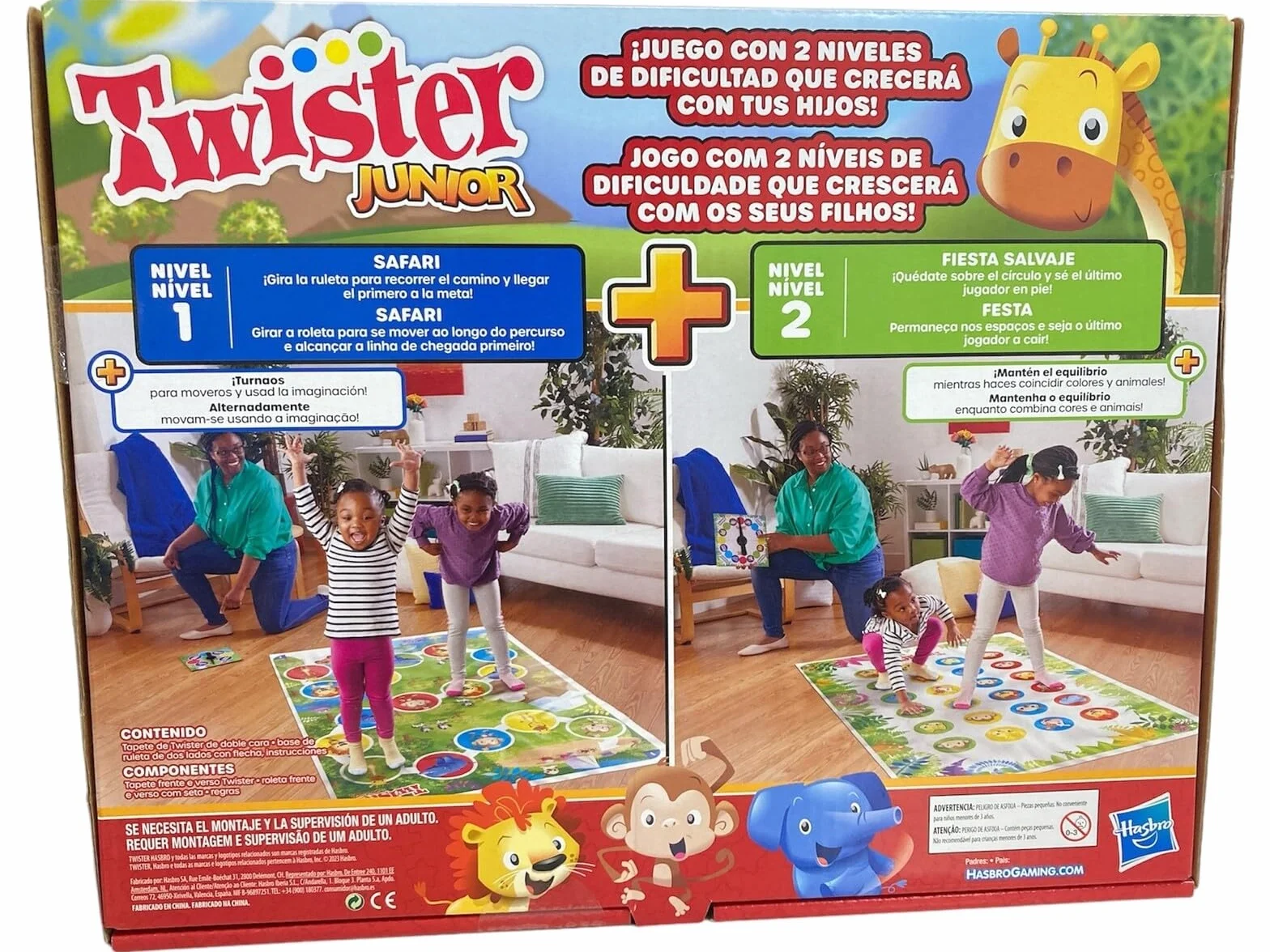 Junior Twister Spiel - Abenteuer mit Tieren - 2 Seiten Matte - 2 Spiele in 1 - Partyspiel - 2 bis 4 Spieler Indoor Spiel - Spanische Version