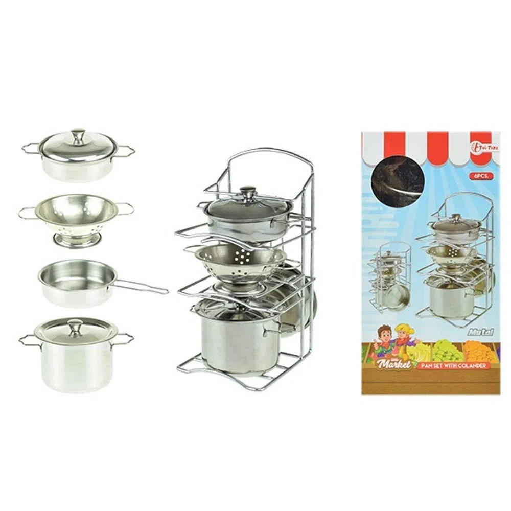 Toi-Toys 13002A Kochgeschirr aus Metall für Kinder Jungen Mädchen Rollenspiel Motorik Kinderzimmer Küche Topf Pfanne Sieb Deckel Kinderspielzeug Spielzeug