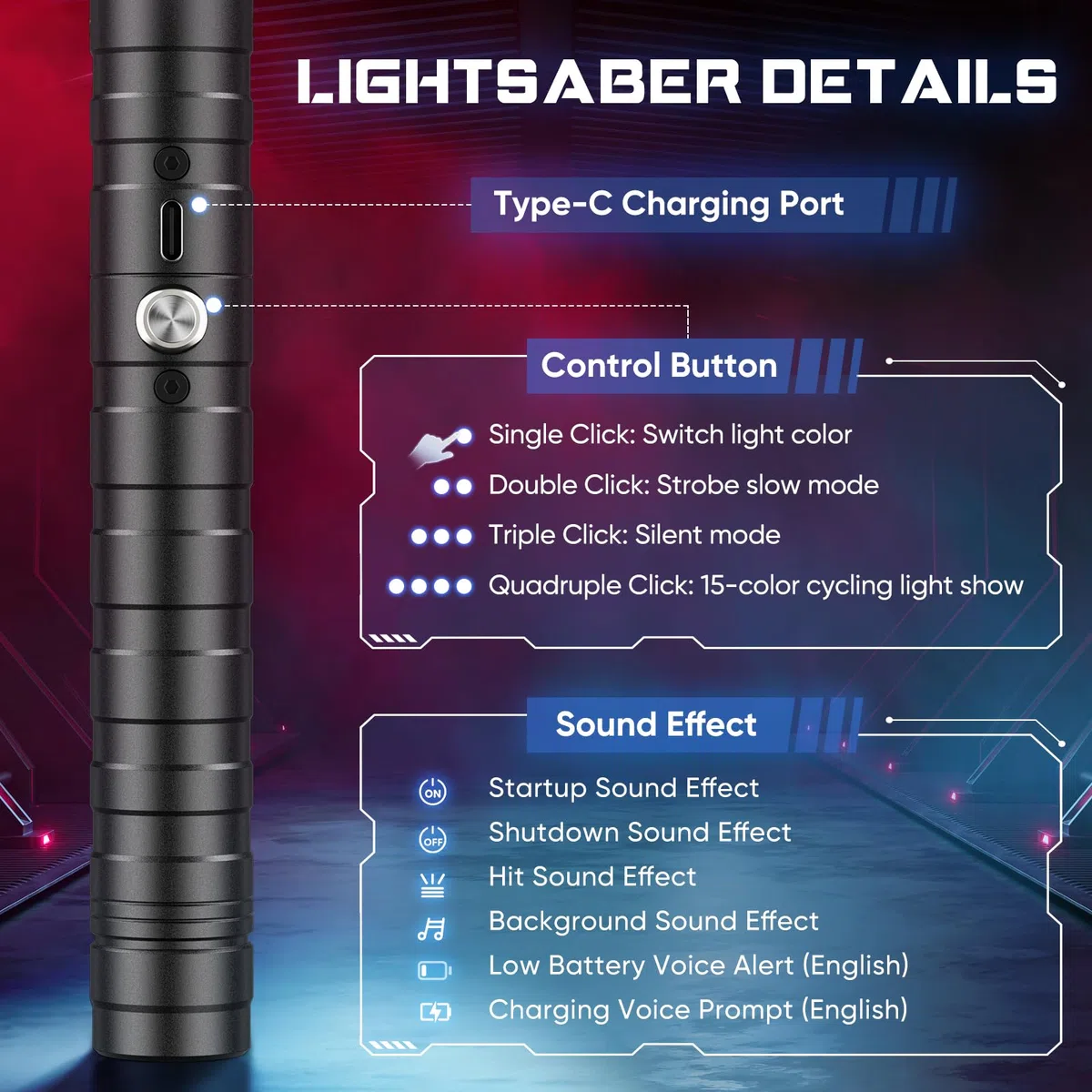 Laserschwert Kinder,Duell Lichtschwerter 2er Set 15 Soundeffekten & 4Farben Abnehmbare Lichtschwert doppelseitige Klinge vibrierenden Metallgriff Lichtschwerter